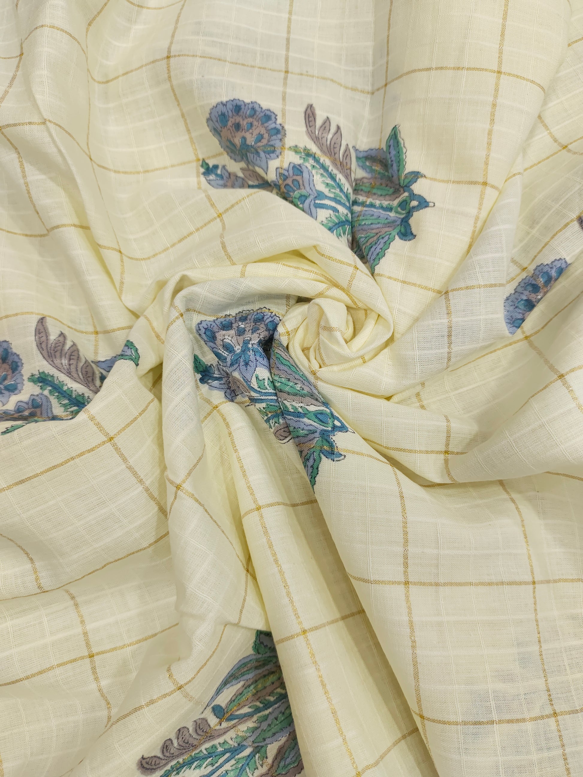 Cotton handblock blue print with gold checks