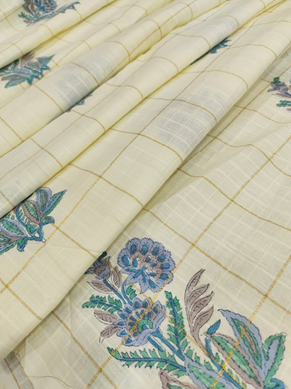 Cotton handblock blue print with gold checks