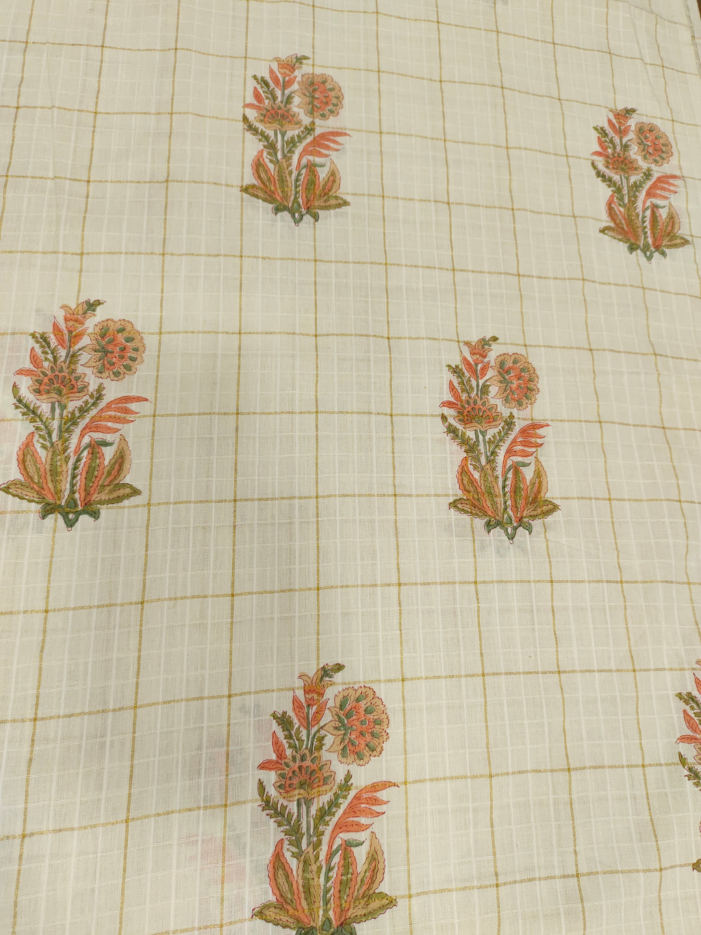 Cooton hand block print with orange butta and gold checks