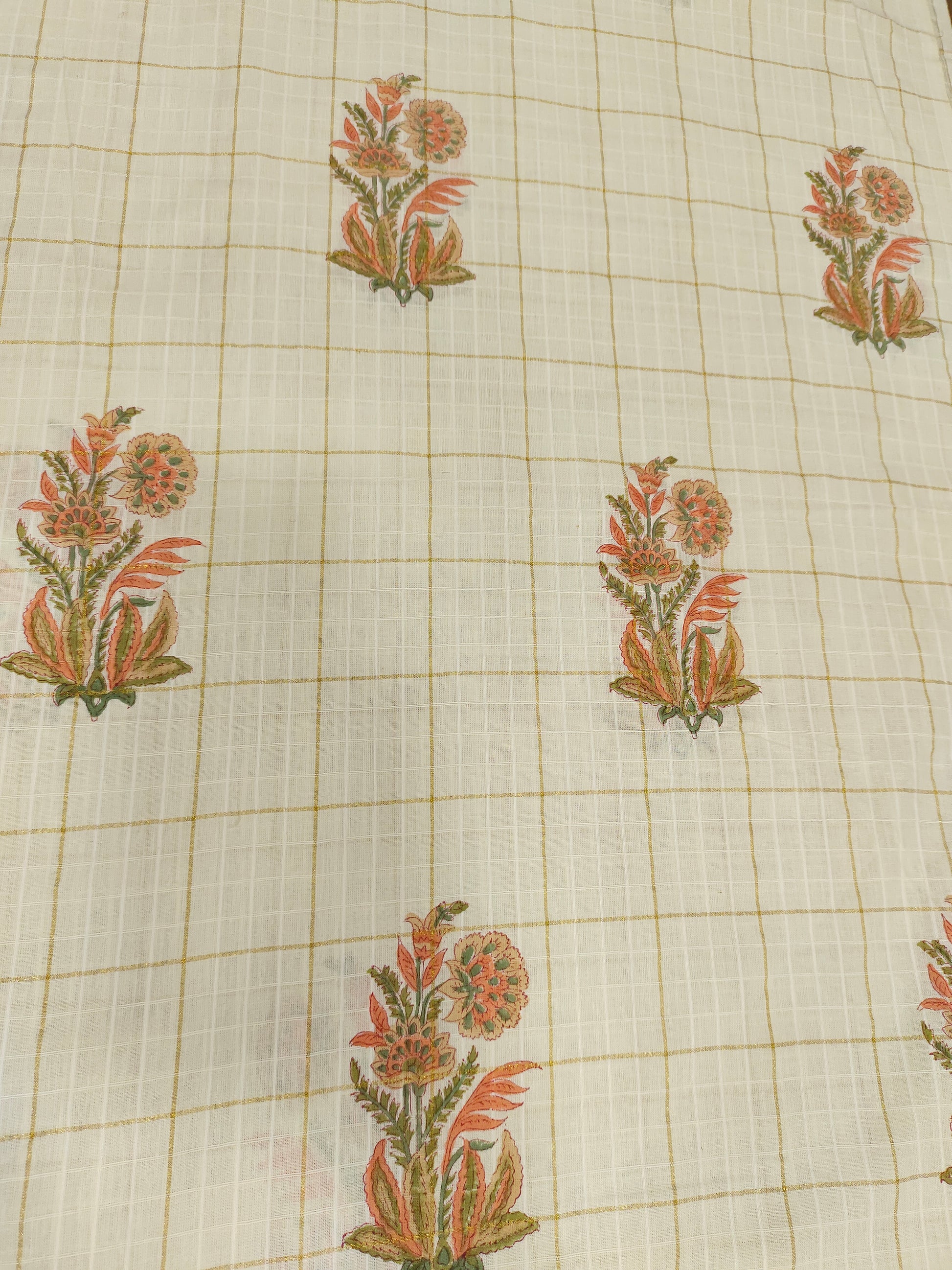 Cooton hand block print with orange butta and gold checks