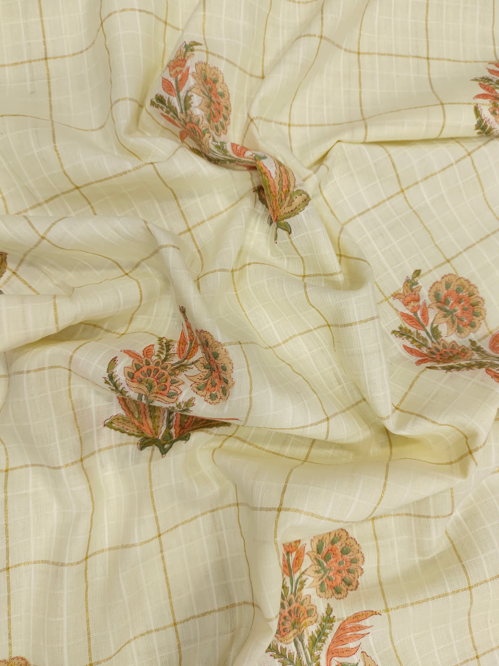 Cooton hand block print with orange butta and gold checks