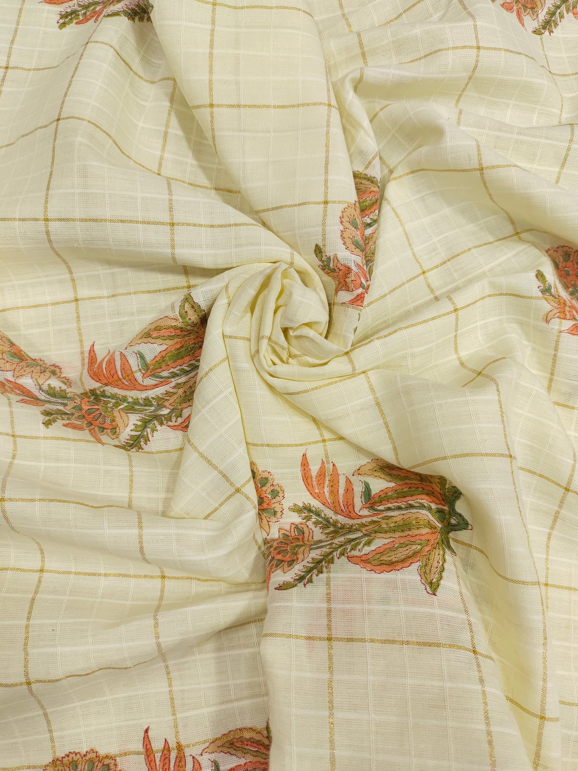 Cooton hand block print with orange butta and gold checks