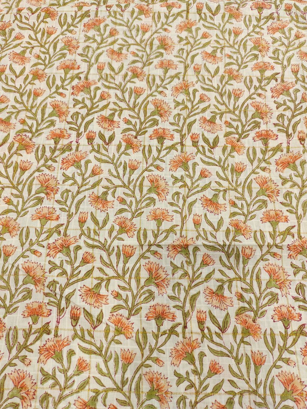 Cotton hand bolock printed orang floral and gold checks