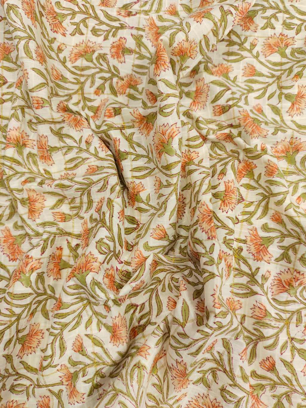 Cotton hand bolock printed orang floral and gold checks