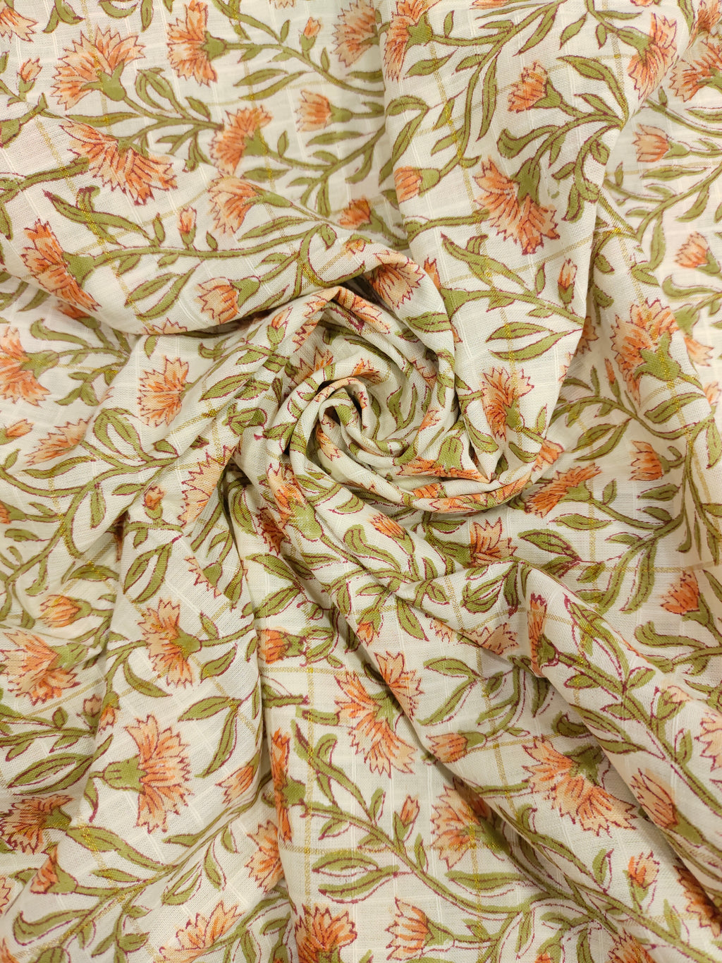 Cotton hand bolock printed orang floral and gold checks