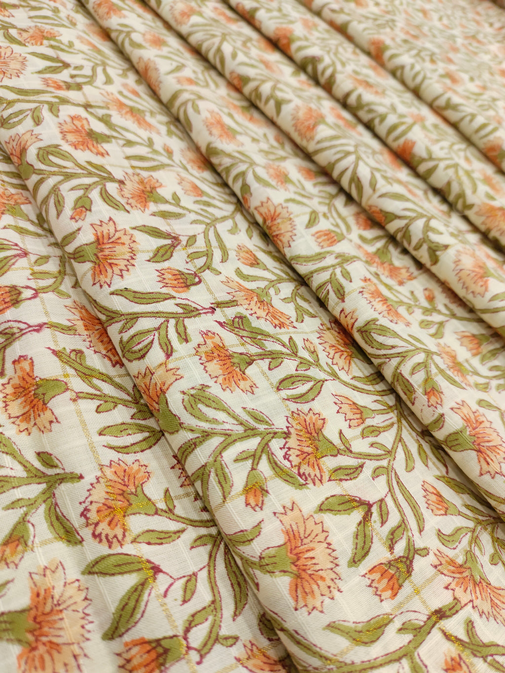 Cotton hand bolock printed orang floral and gold checks