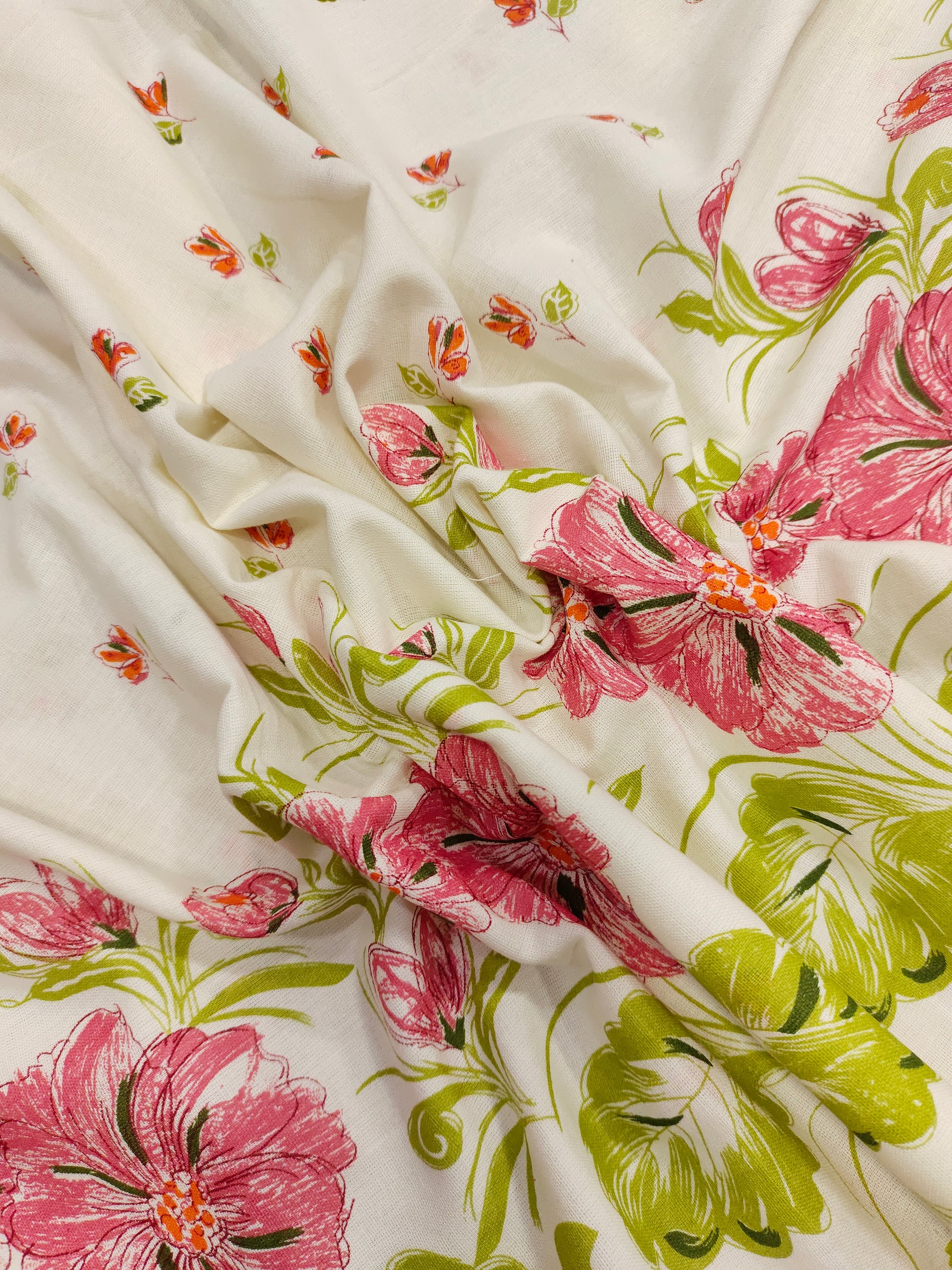 Cotton flex fabrc with damn print with pink and green