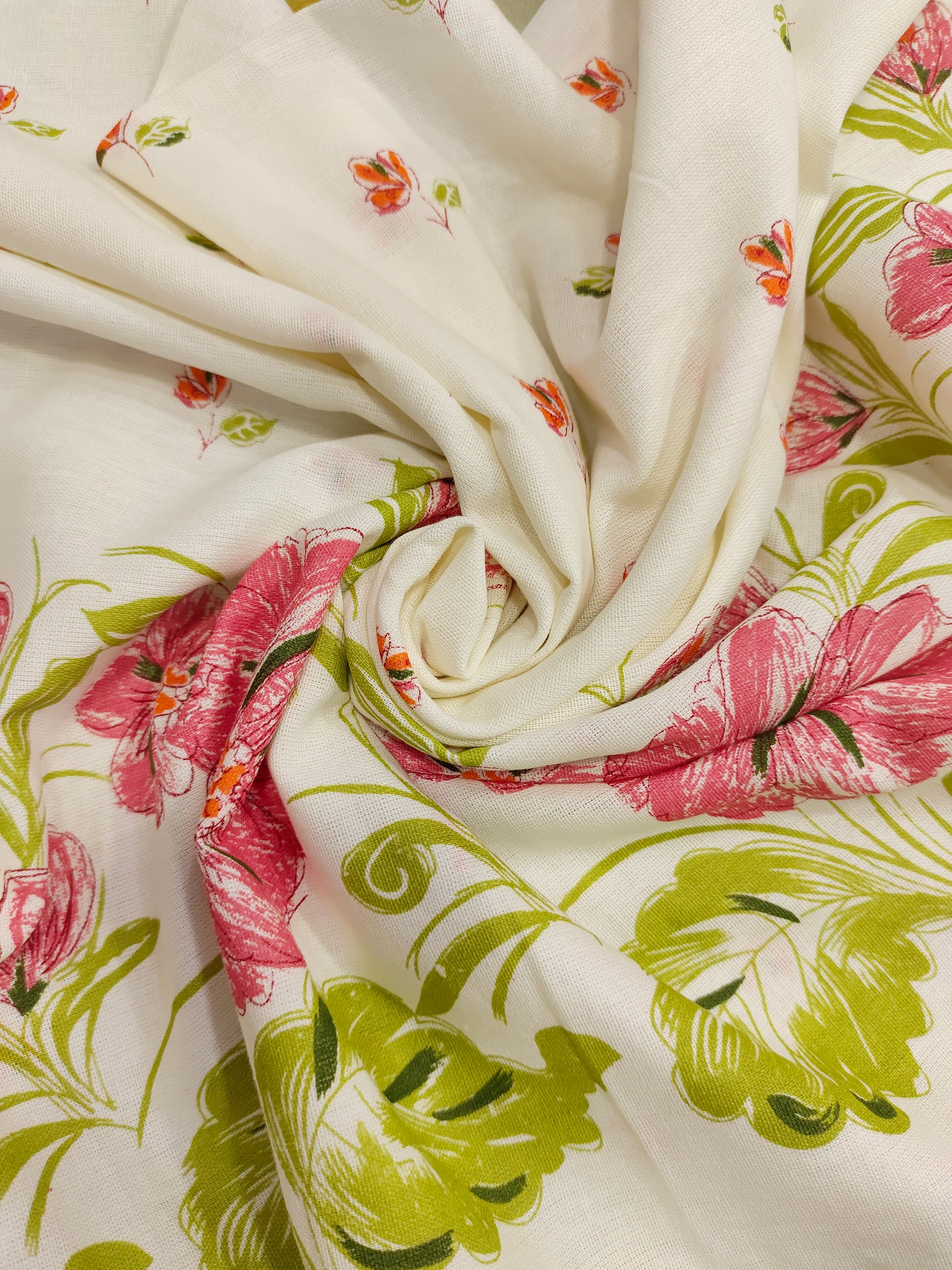 Cotton flex fabrc with damn print with pink and green