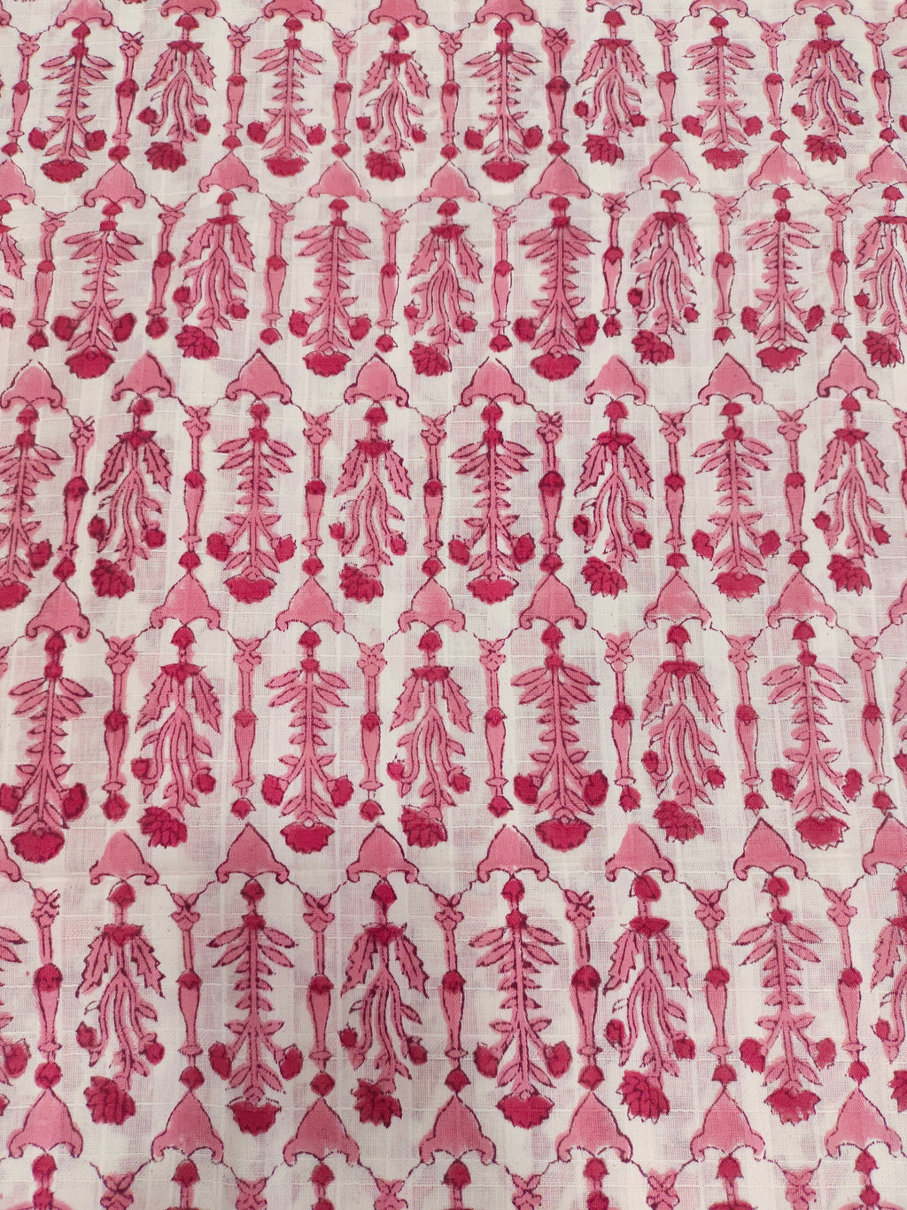 White checks fabric handblock print with pink.