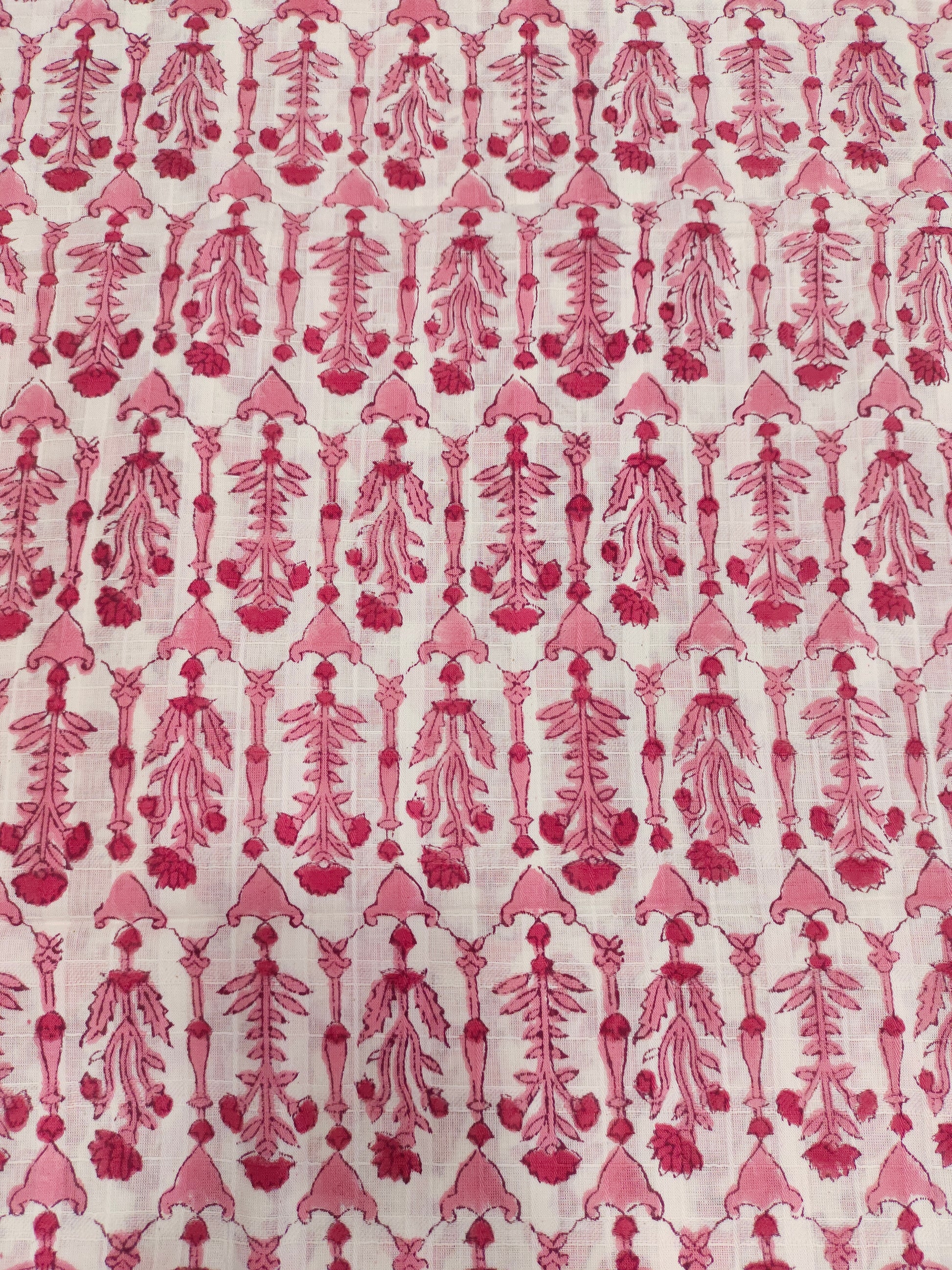 White checks fabric handblock print with pink.