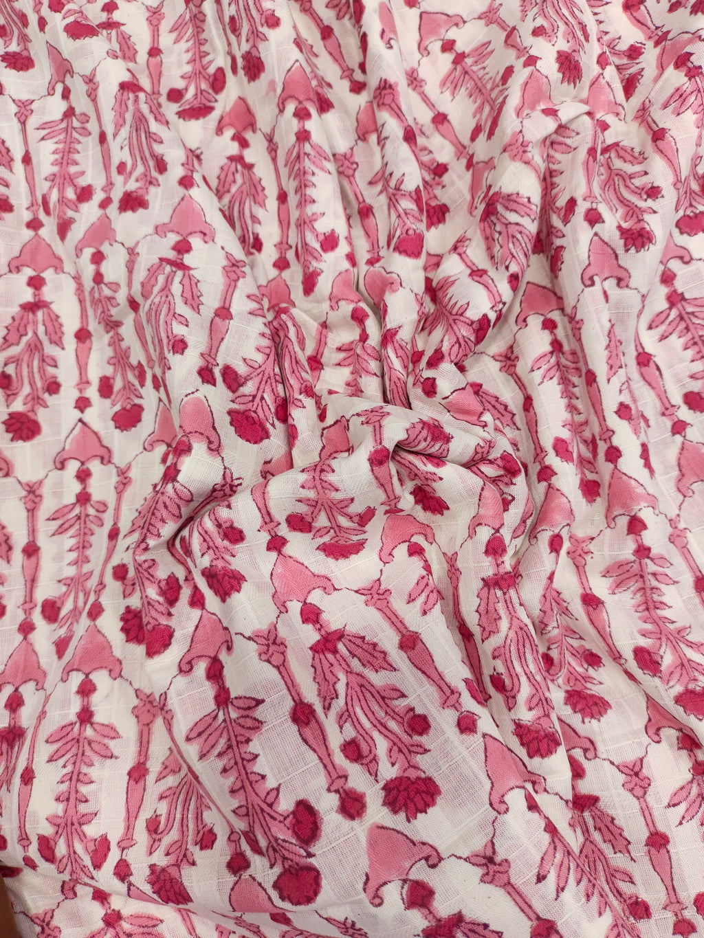 White checks fabric handblock print with pink.