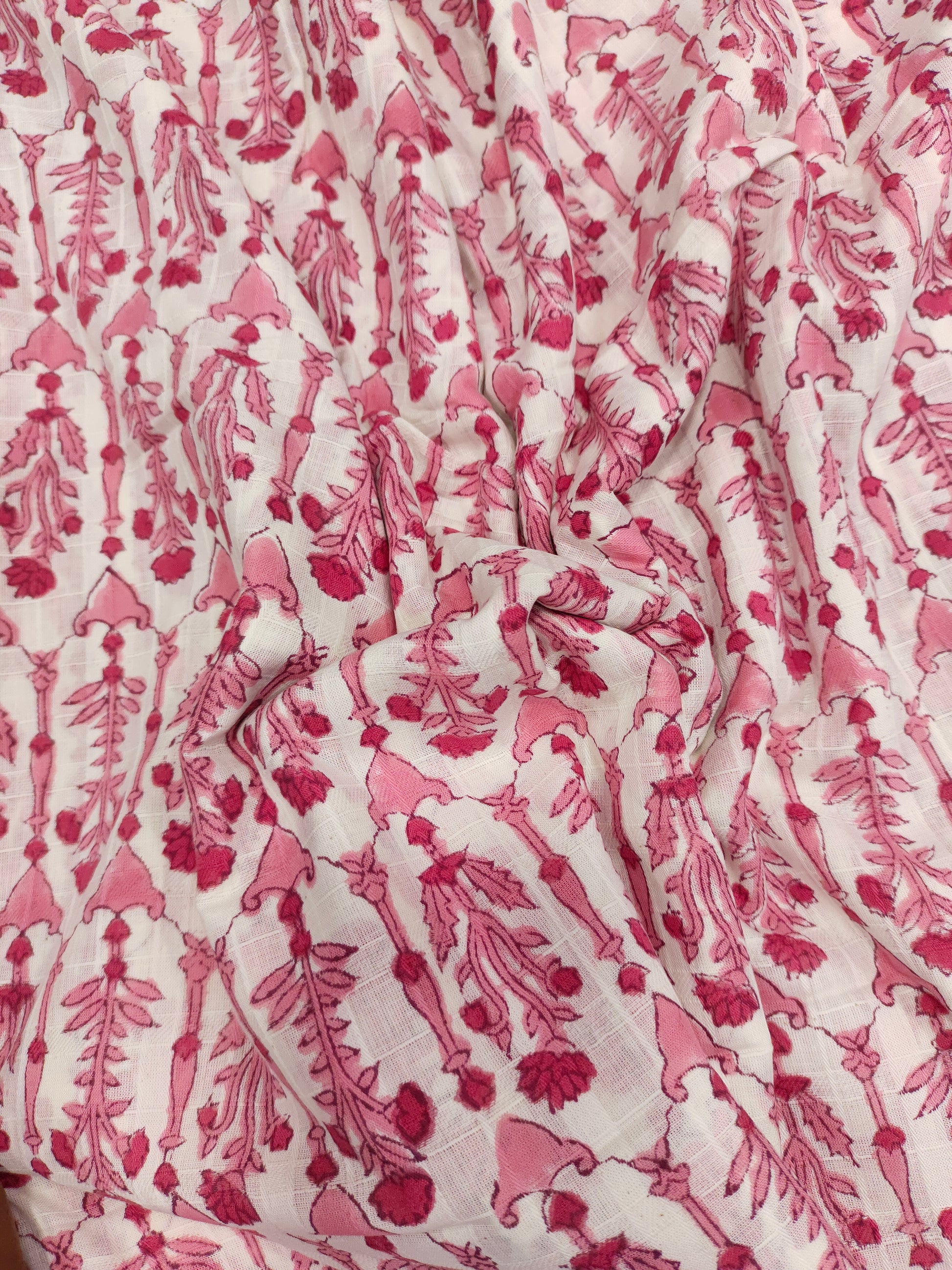 White checks fabric handblock print with pink.