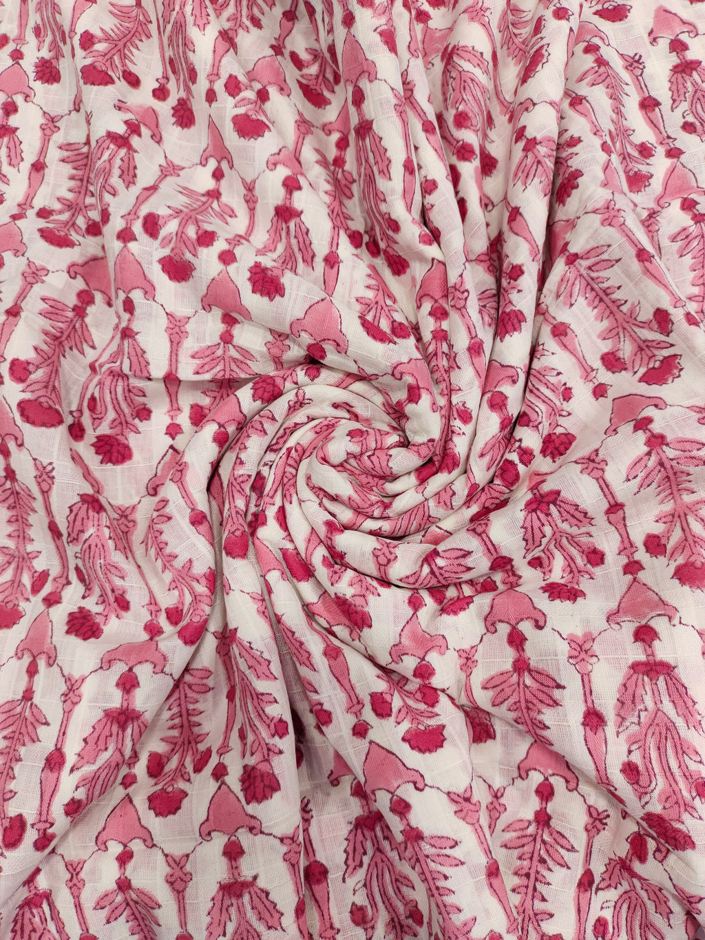 White checks fabric handblock print with pink.