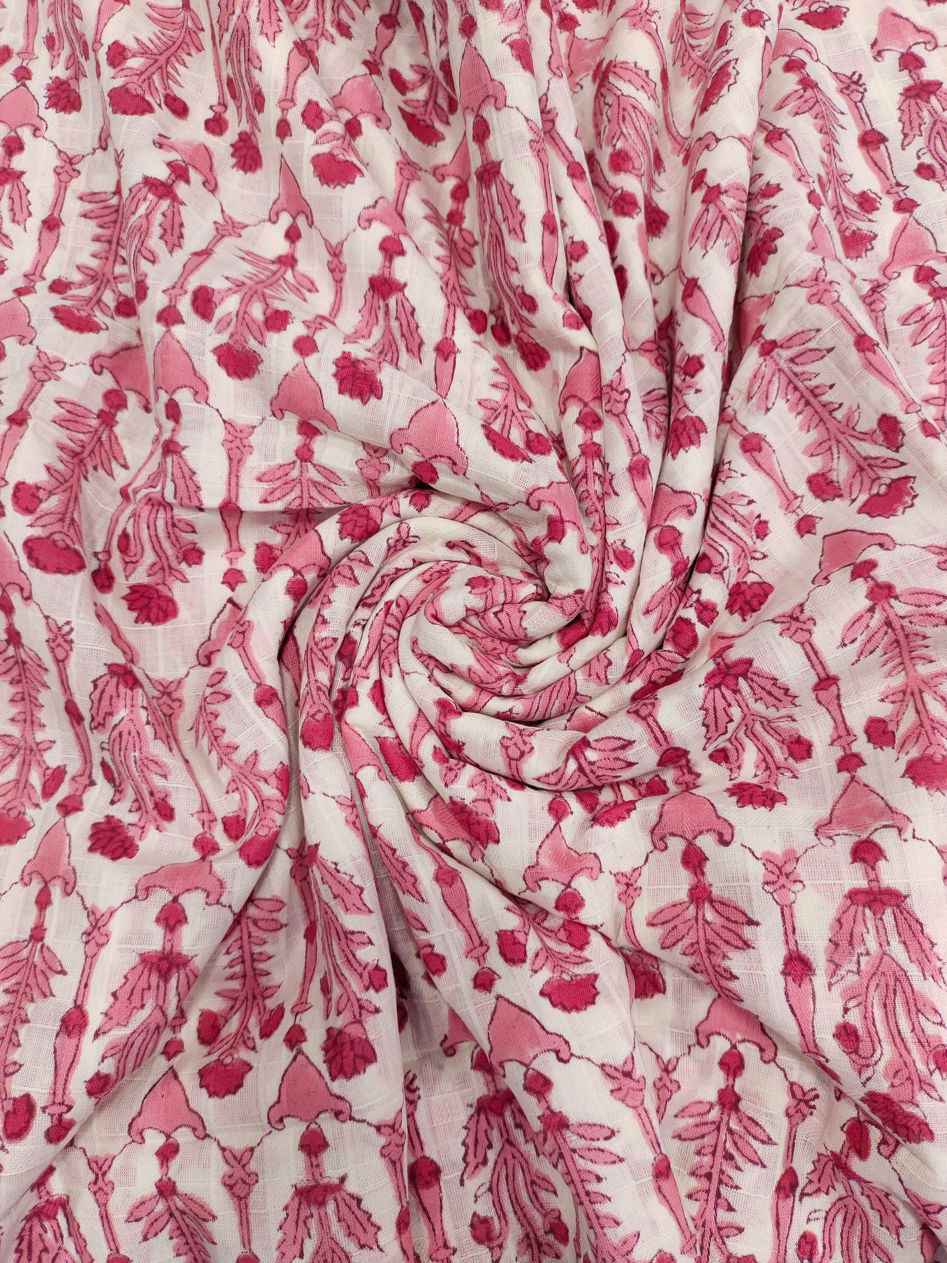 White checks fabric handblock print with pink.