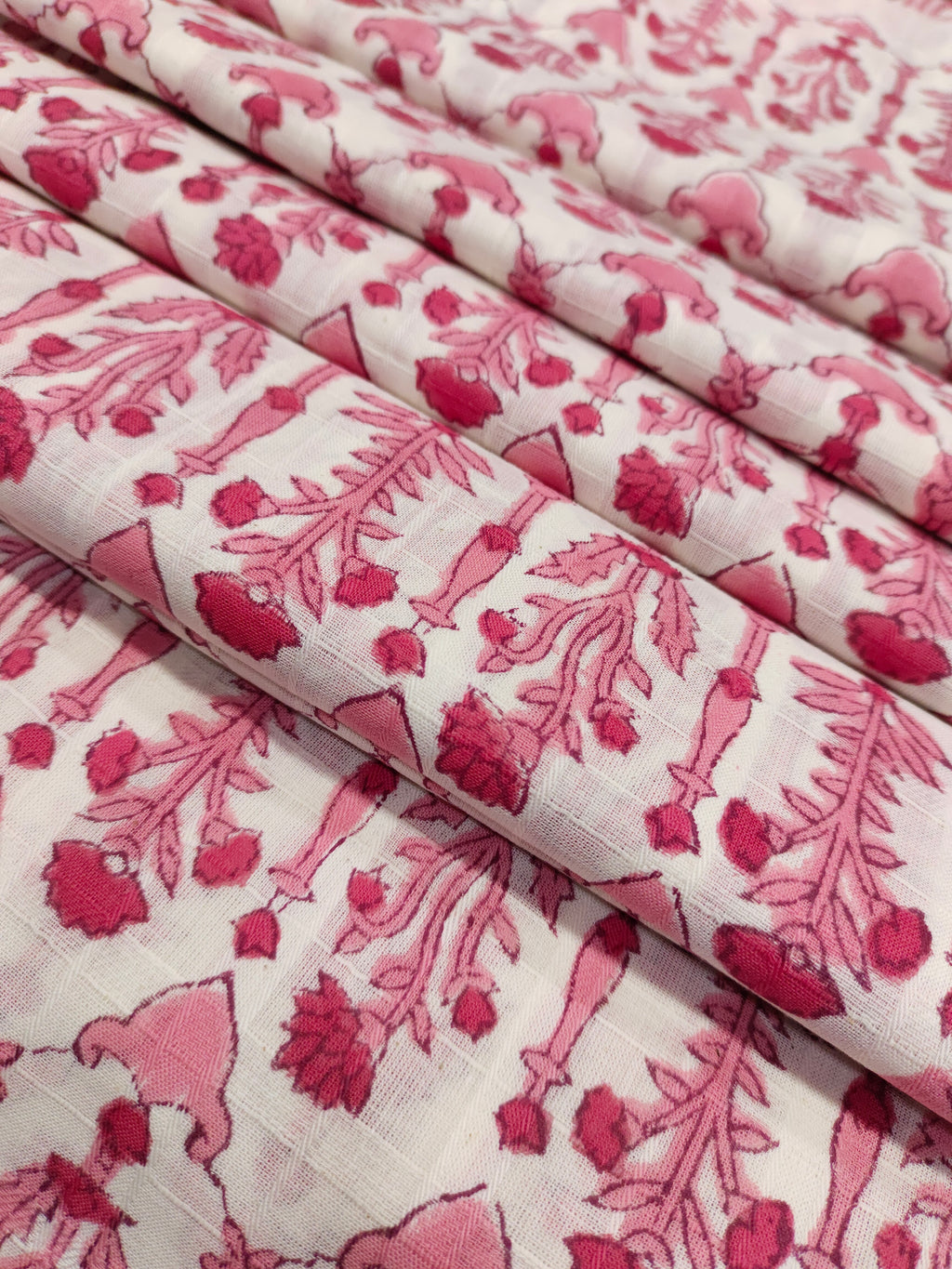 White checks fabric handblock print with pink.