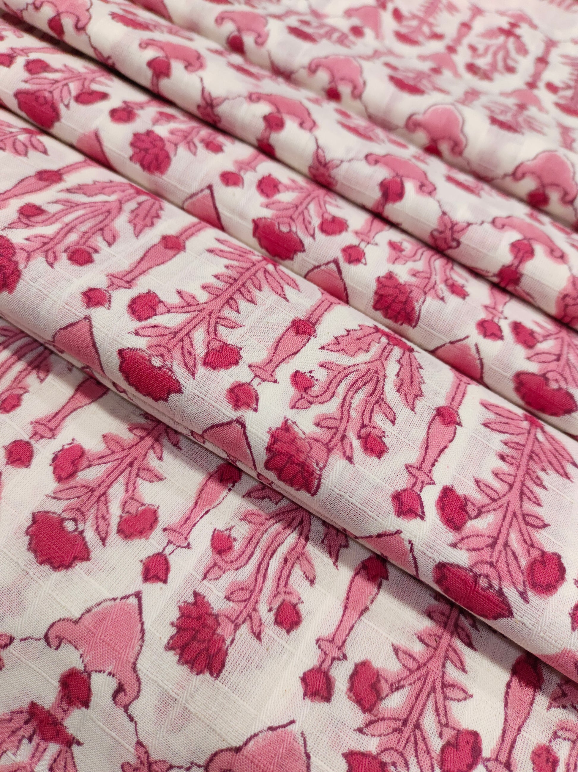 White checks fabric handblock print with pink.
