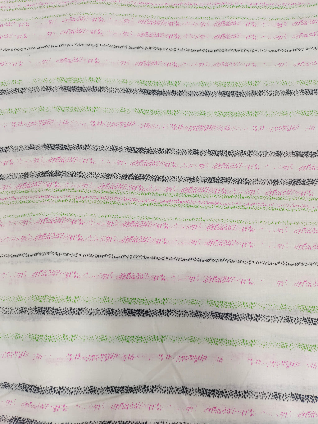 White cotton stripes with pink black green hand block print.
