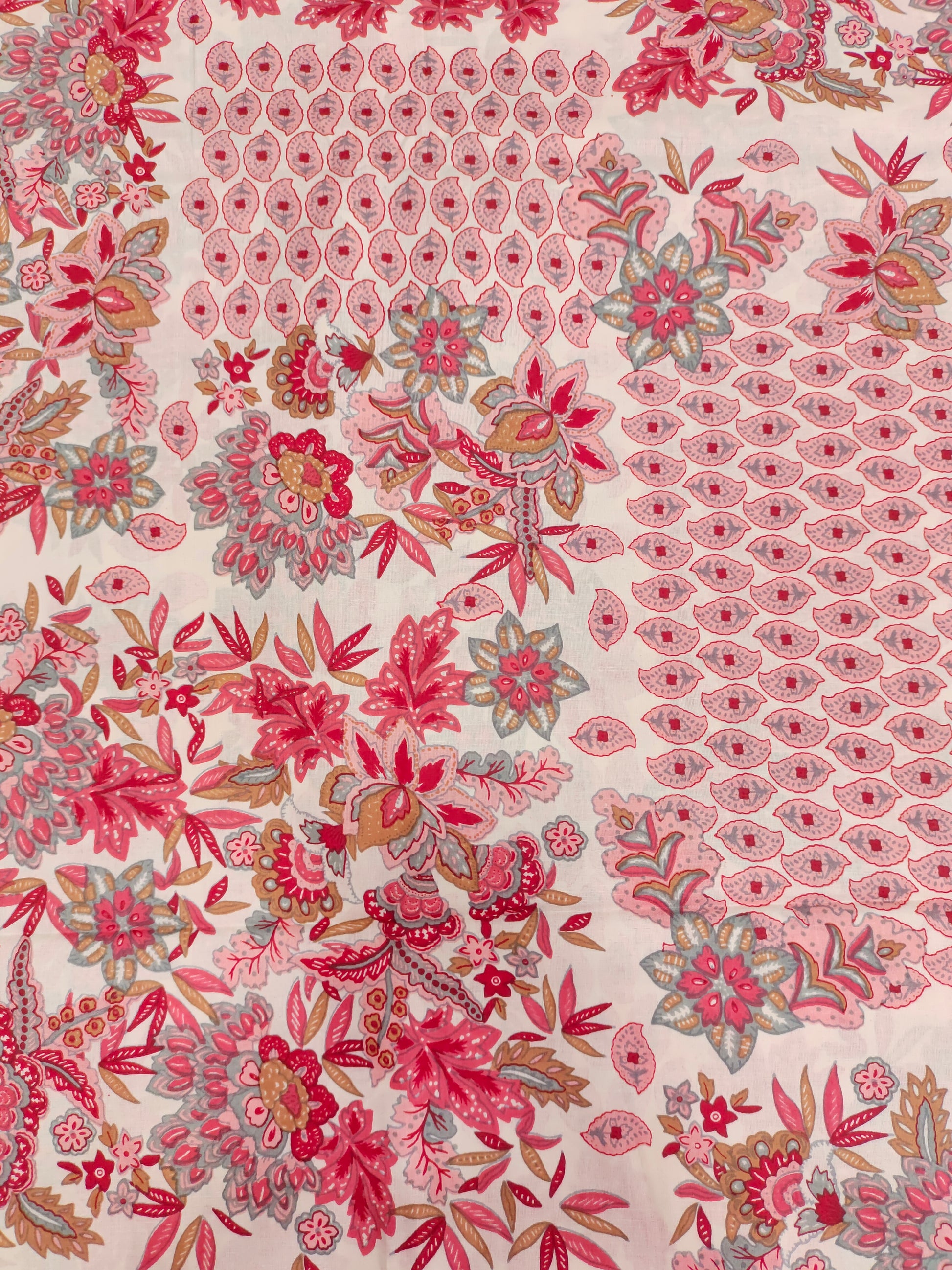 cotton screen print all over with red pink and grey.