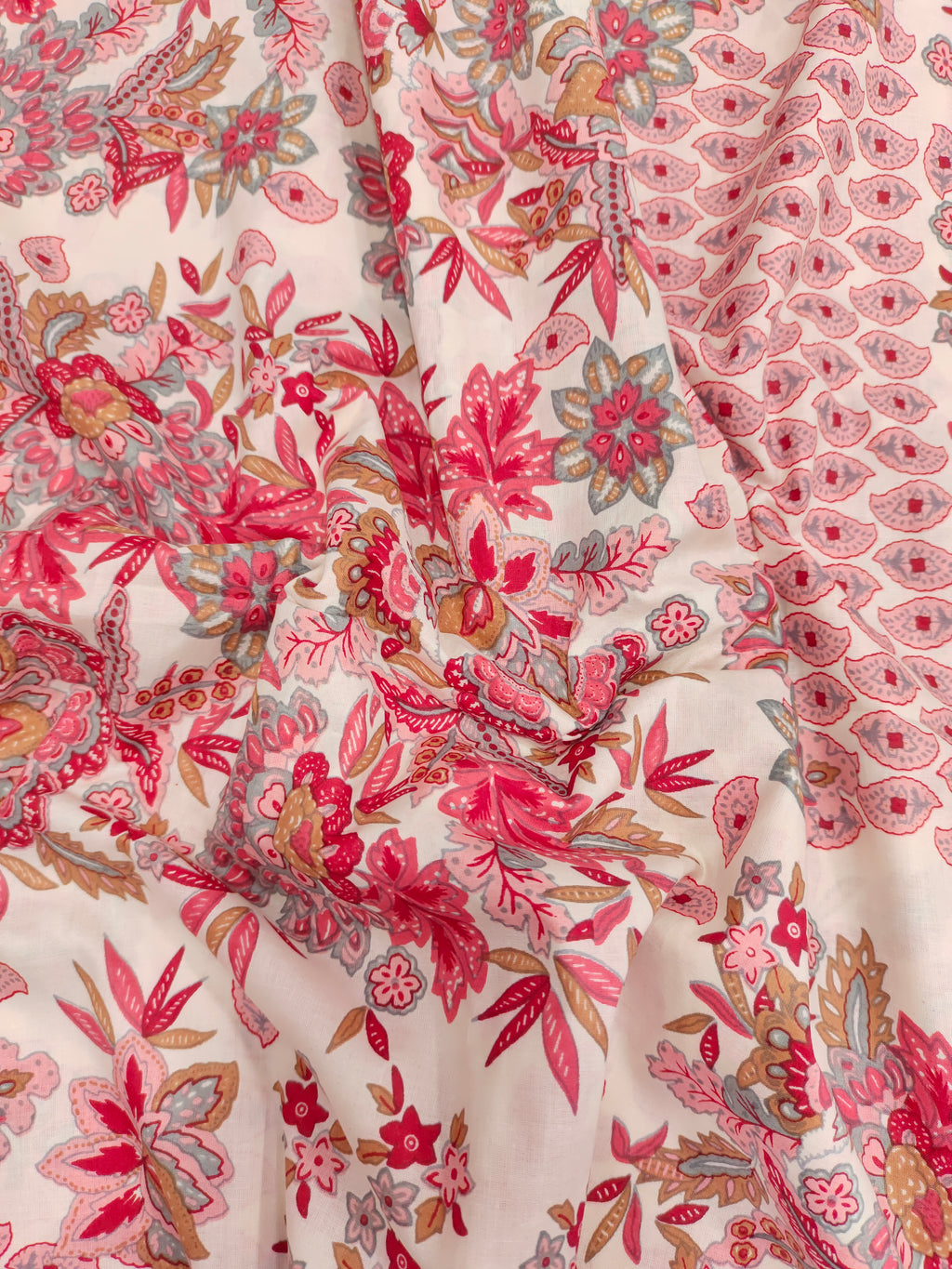 cotton screen print all over with red pink and grey.