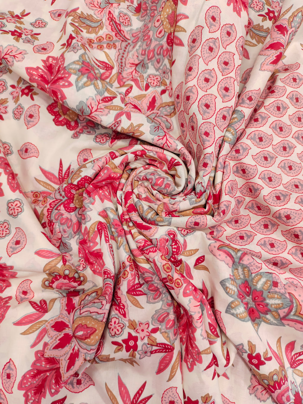 cotton screen print all over with red pink and grey.