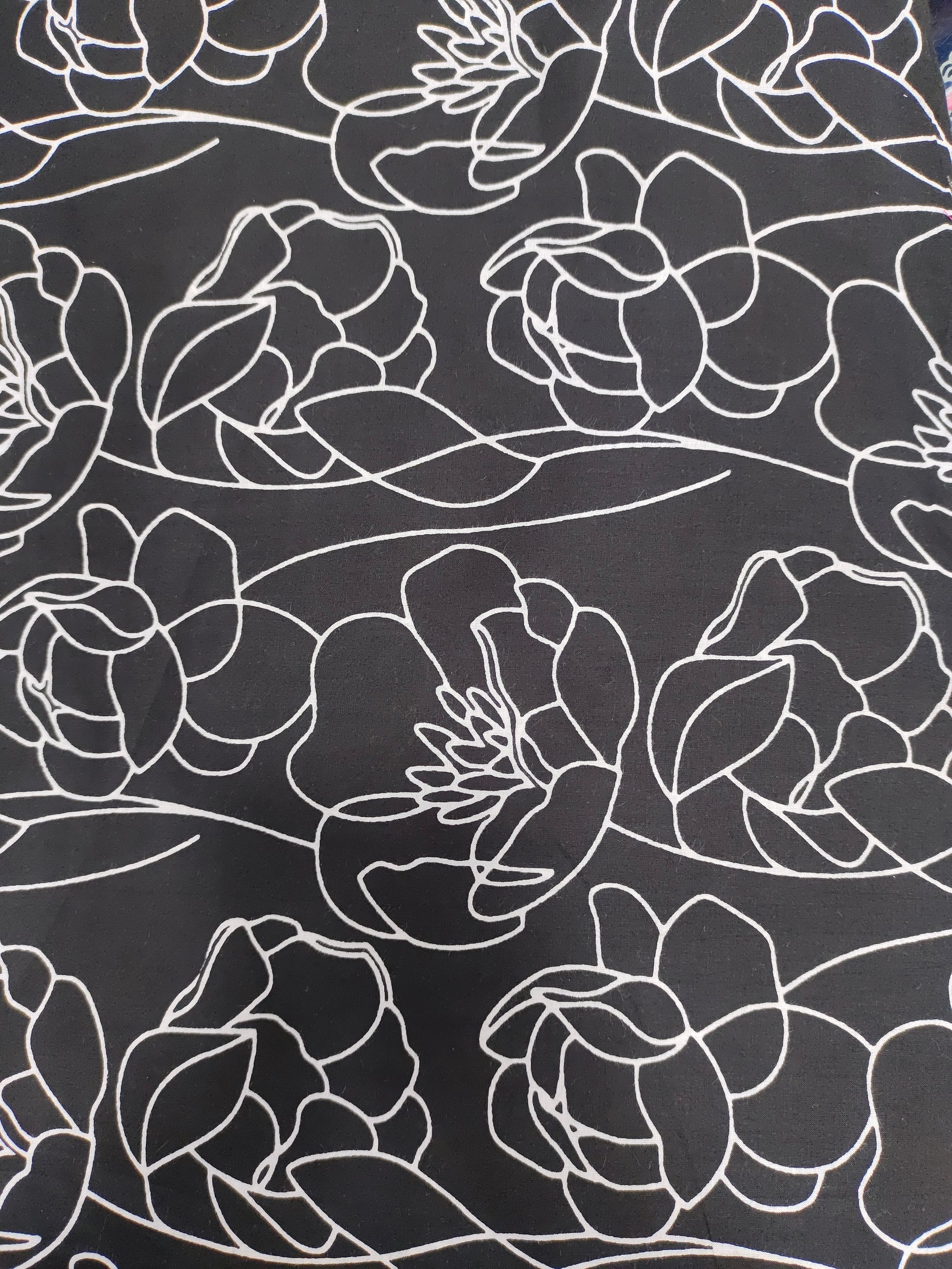 Black screen print with big flowers.