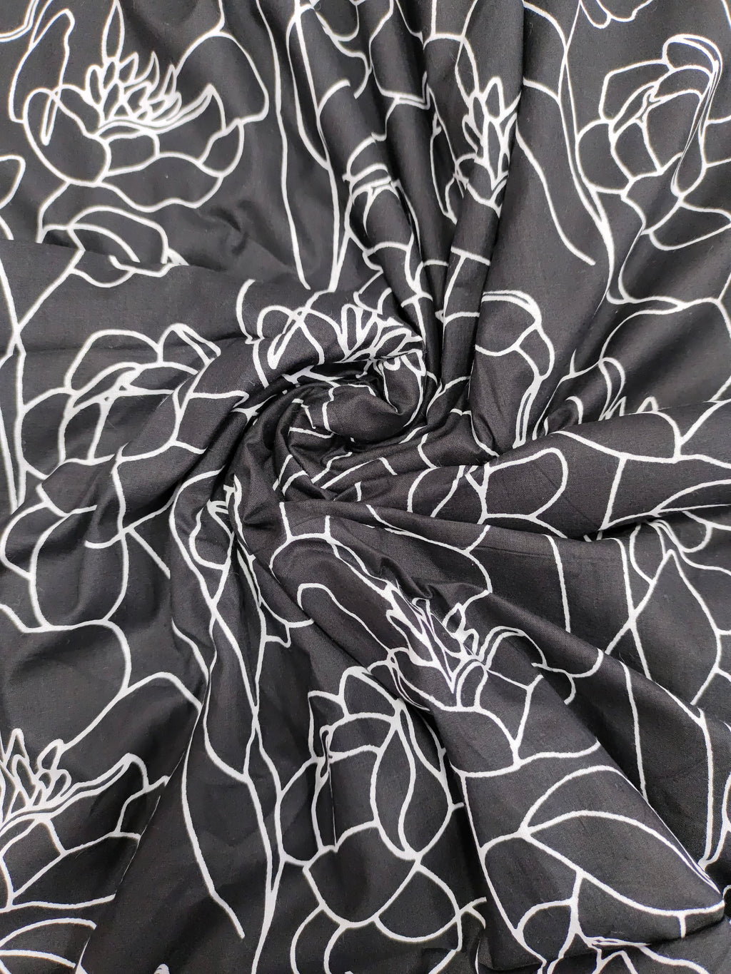 Black screen print with big flowers.