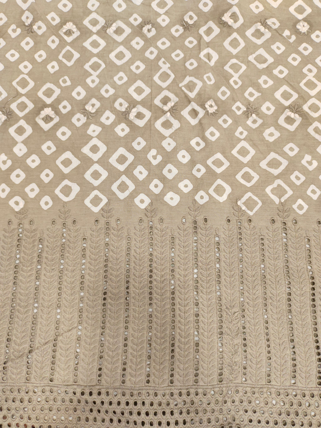 Beige handblock print with schifili embroidery fabric