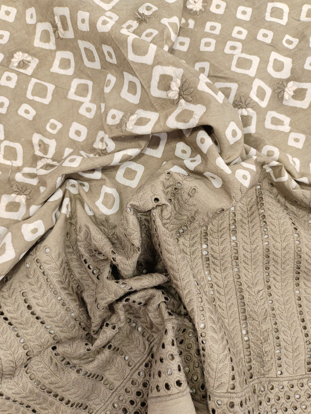 Beige handblock print with schifili embroidery fabric