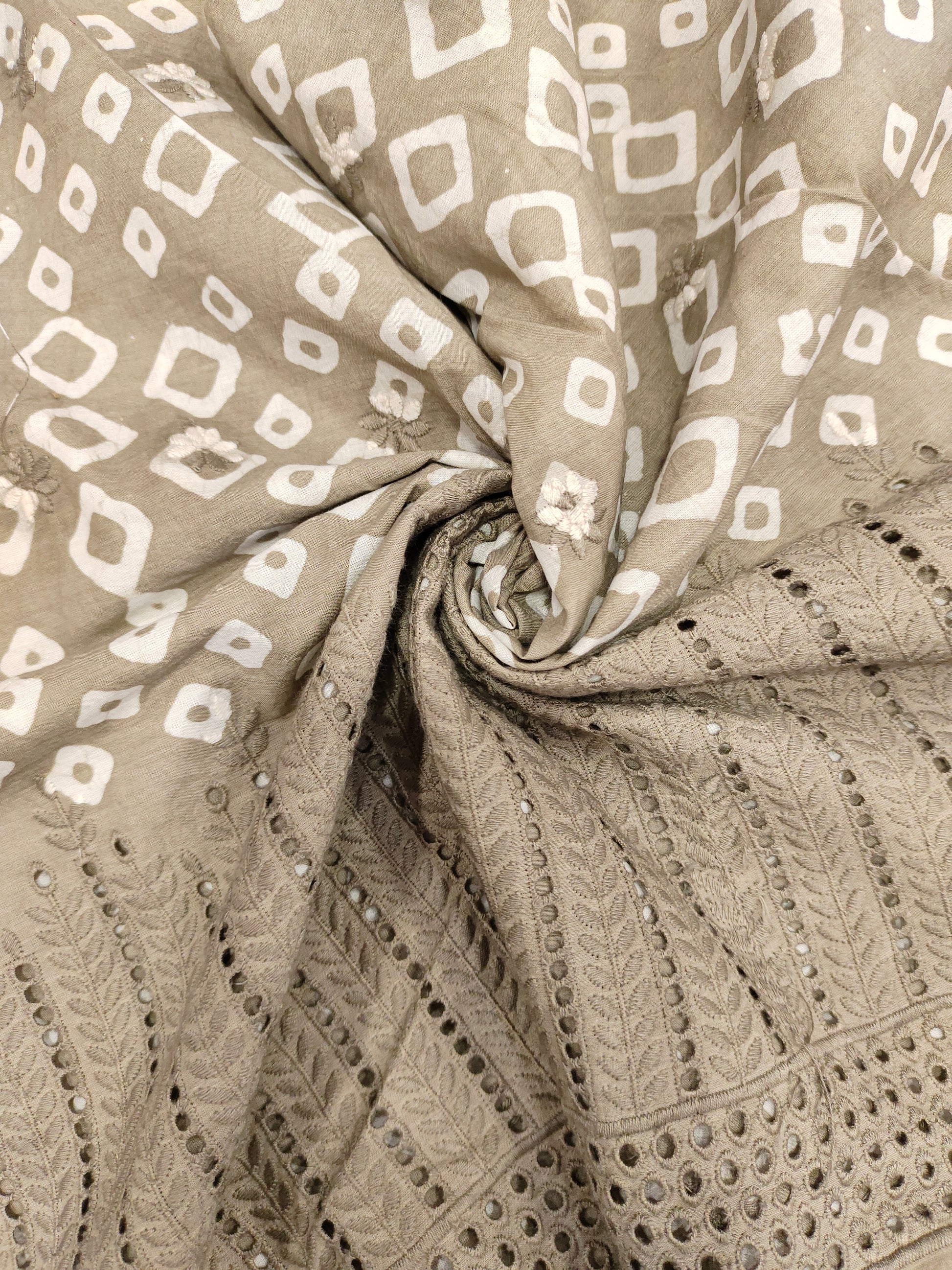 Beige handblock print with schifili embroidery fabric