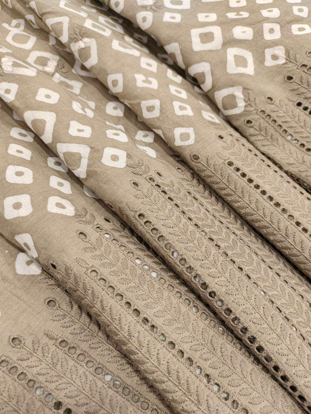 Beige handblock print with schifili embroidery fabric