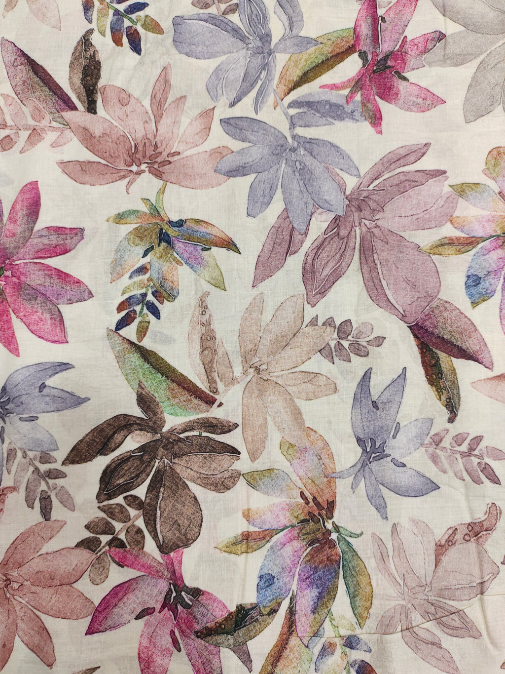 Pure soft cotton fabric digital print with pink and light purple on offwhite base.