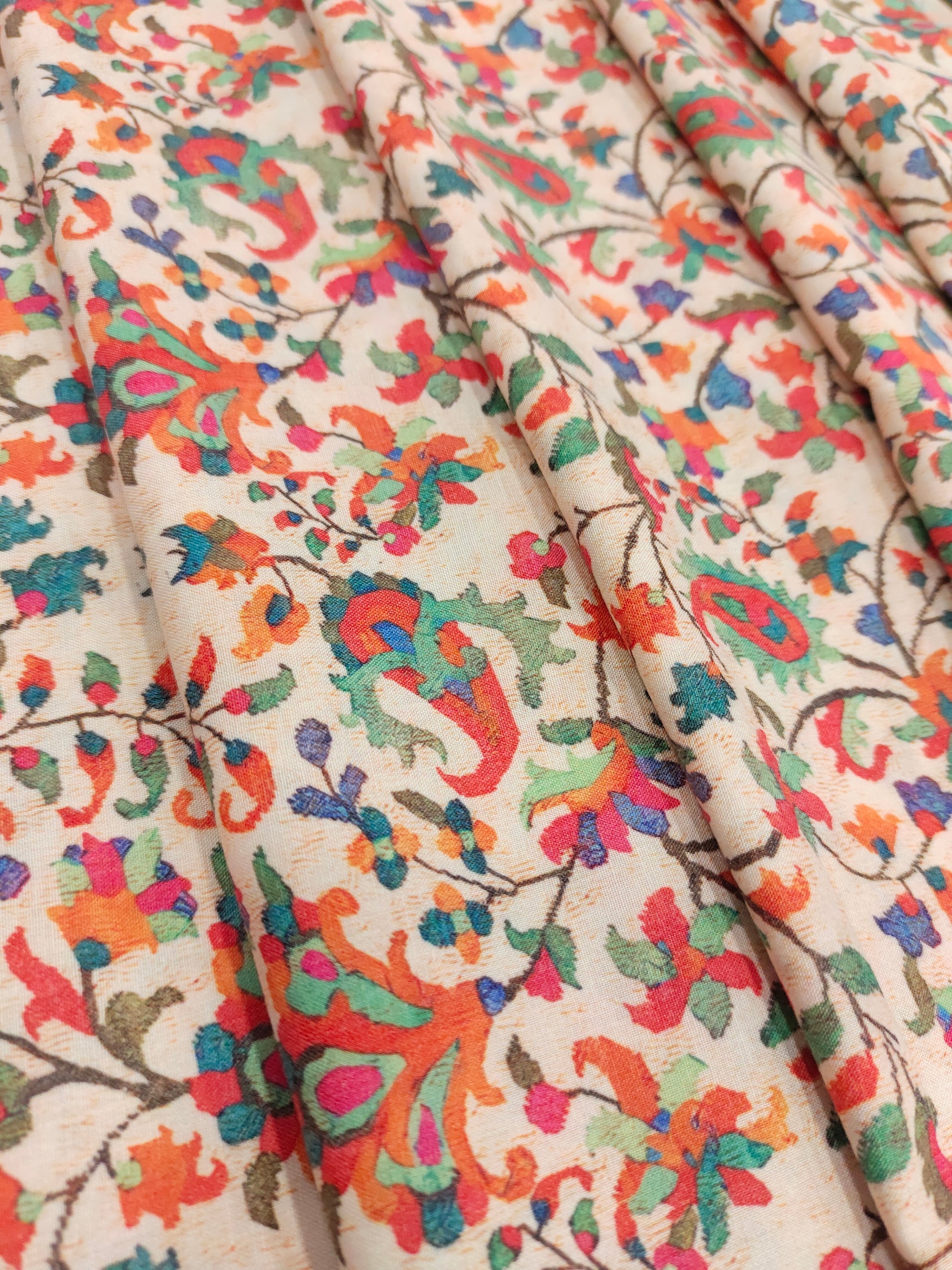 Cotton cream base digital print with red and green.