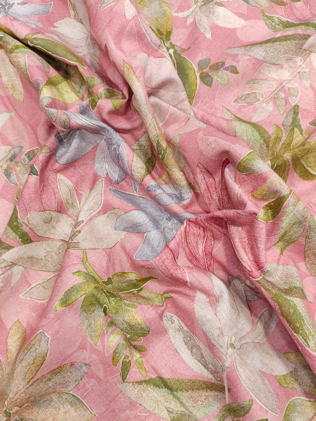 Pastel pink cotton fabric digital print with green sky blue and off white.