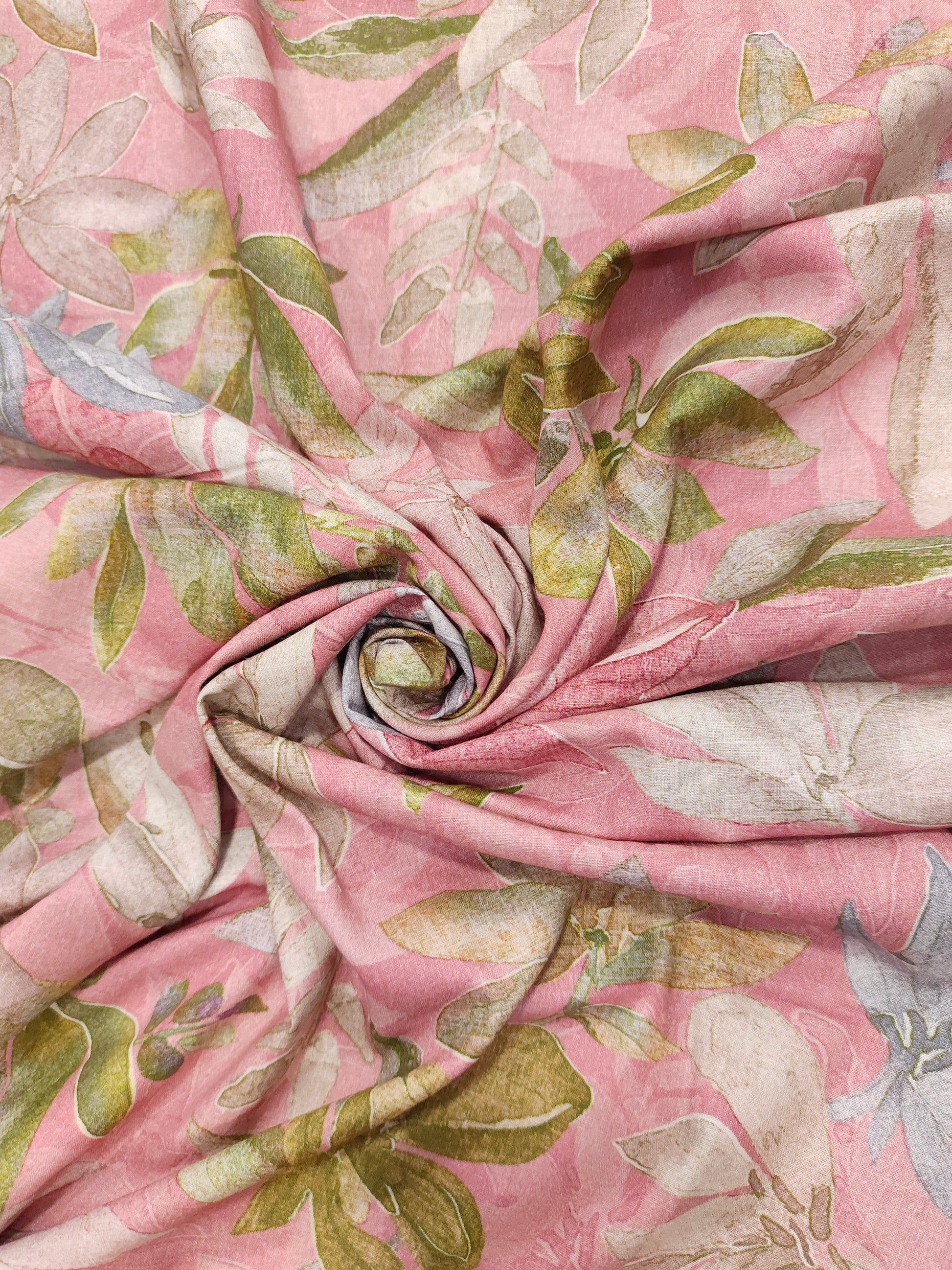 Pastel pink cotton fabric digital print with green sky blue and off white.