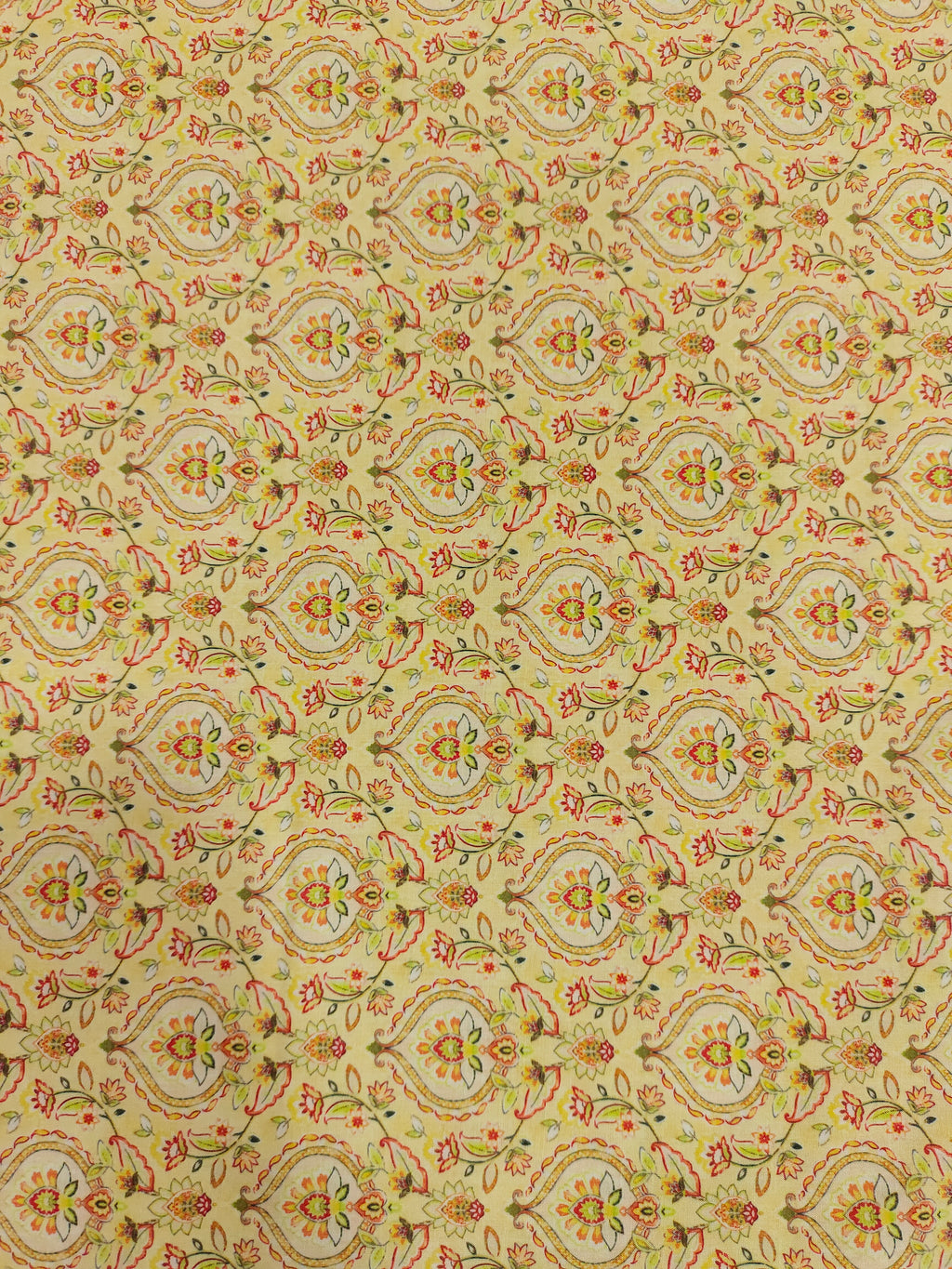 Cotton light yellow base digital print with red and green.