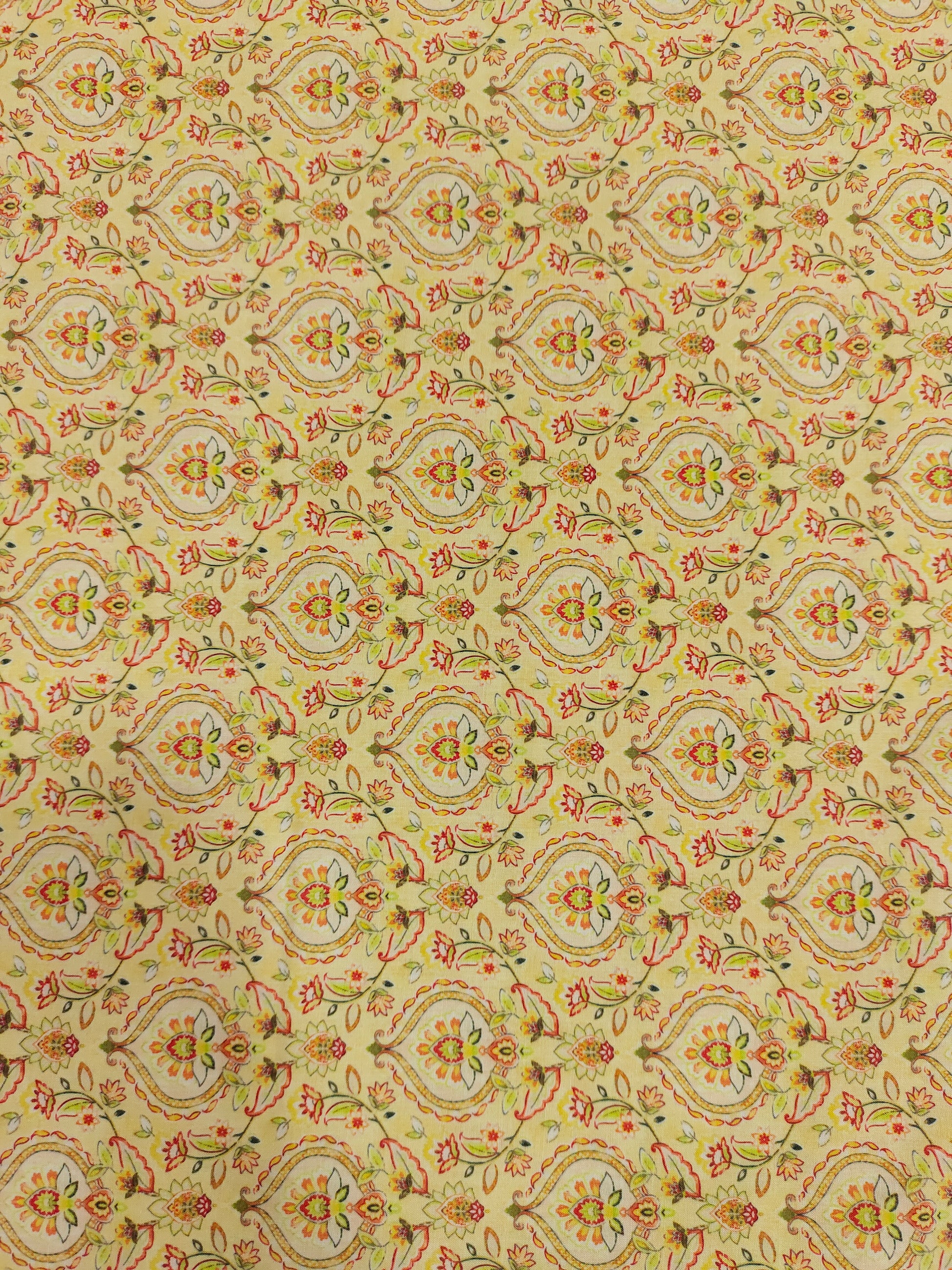Cotton light yellow base digital print with red and green.