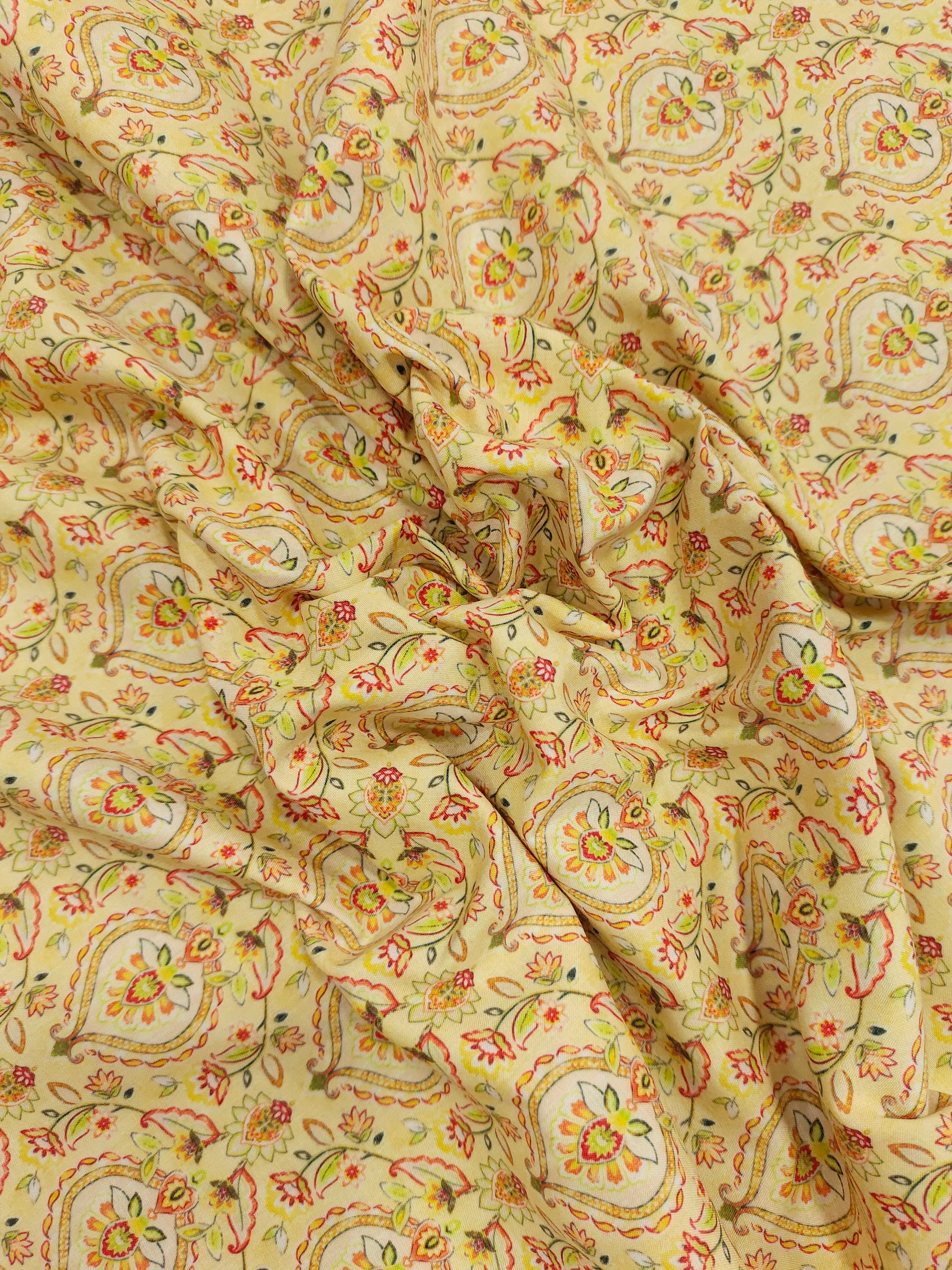 Cotton light yellow base digital print with red and green.