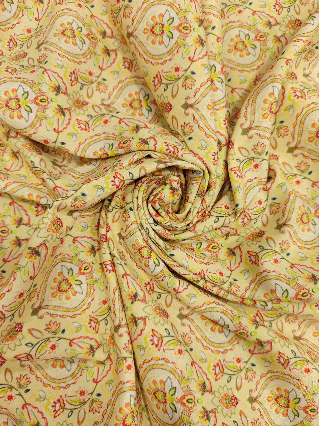 Cotton light yellow base digital print with red and green.