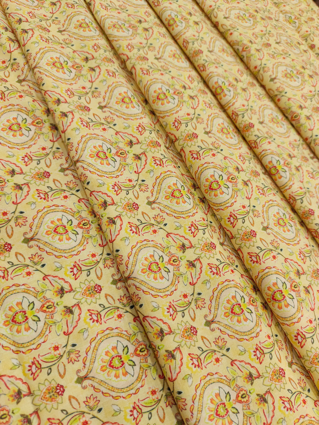 Cotton light yellow base digital print with red and green.