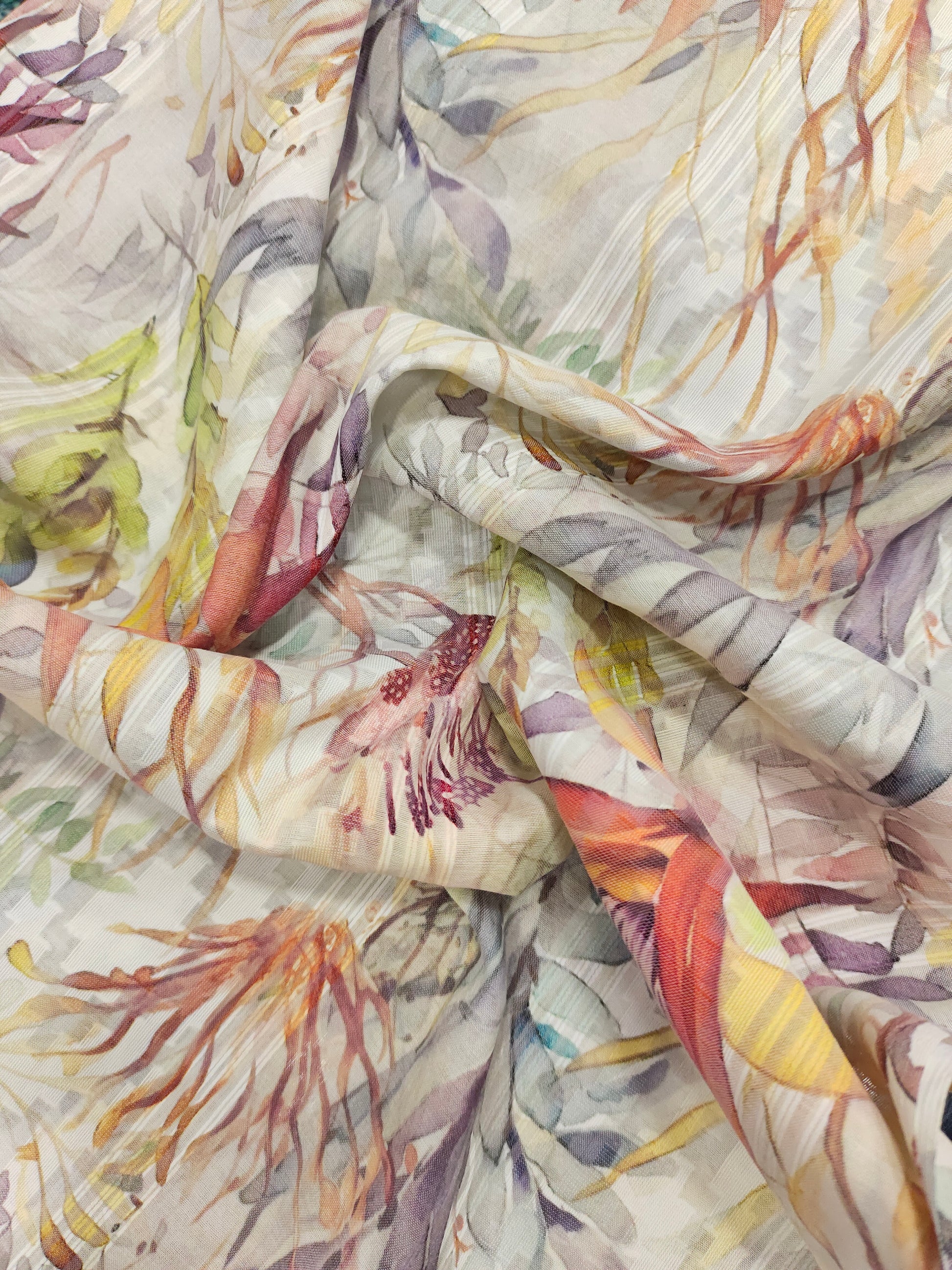 Polycot digital jacquard print maroon green and grey.