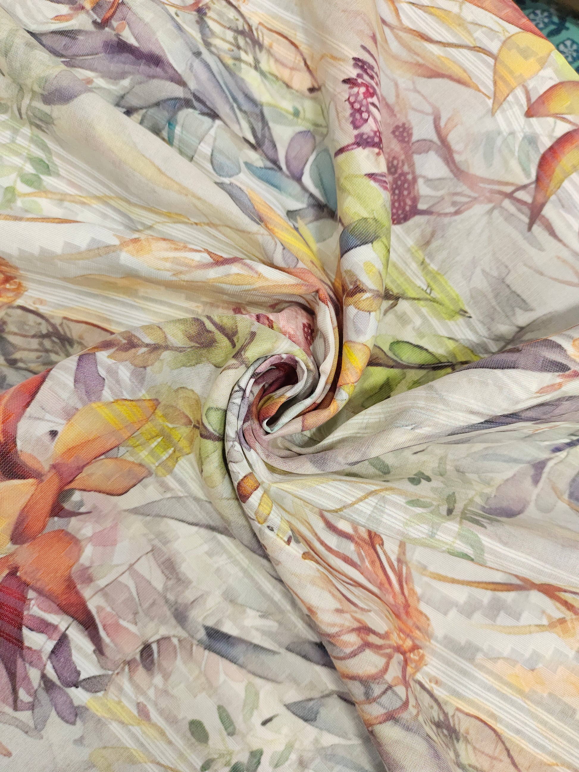 Polycot digital jacquard print maroon green and grey.