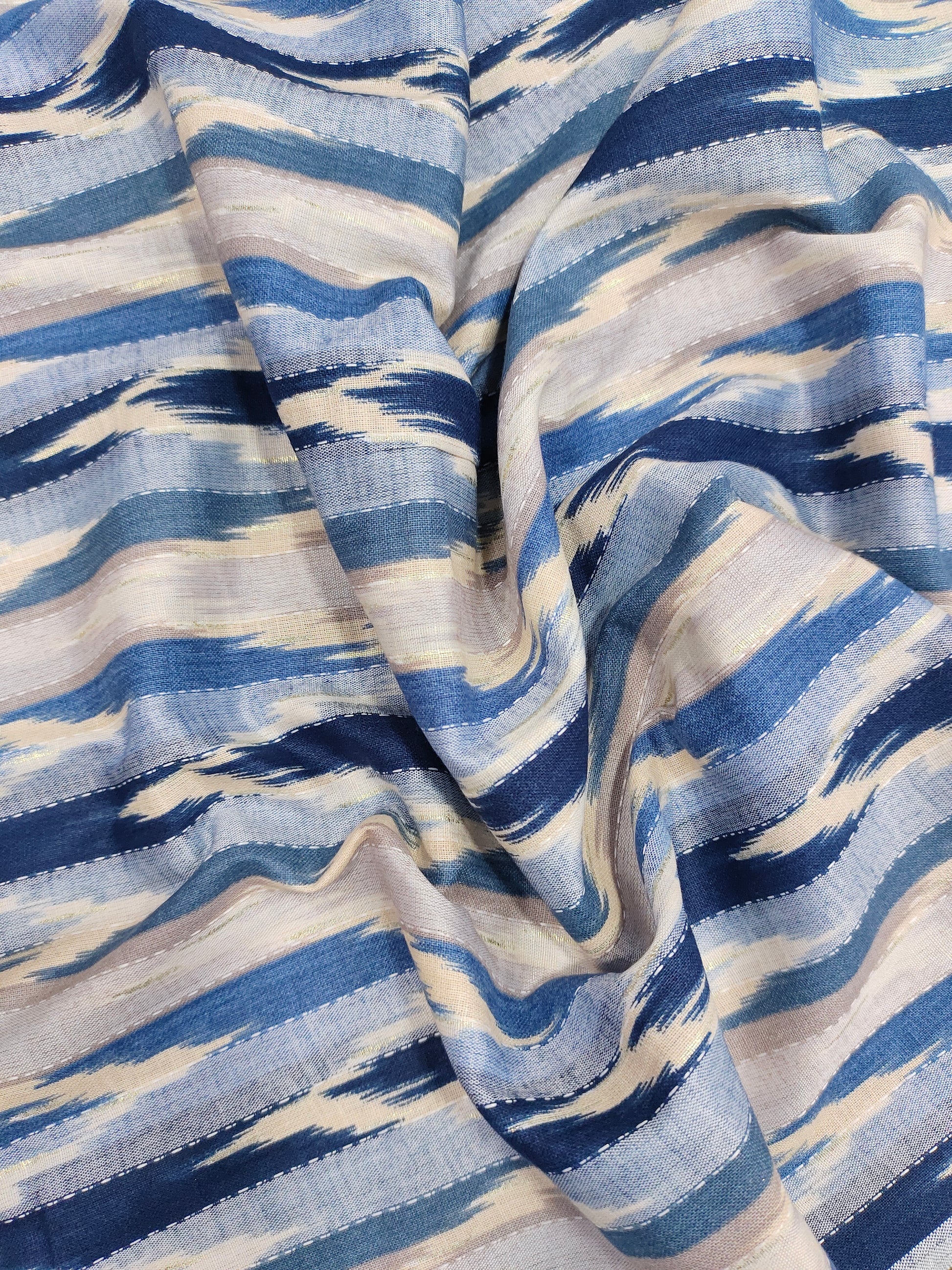 Cotton katha digital print withblu and little gold foile.