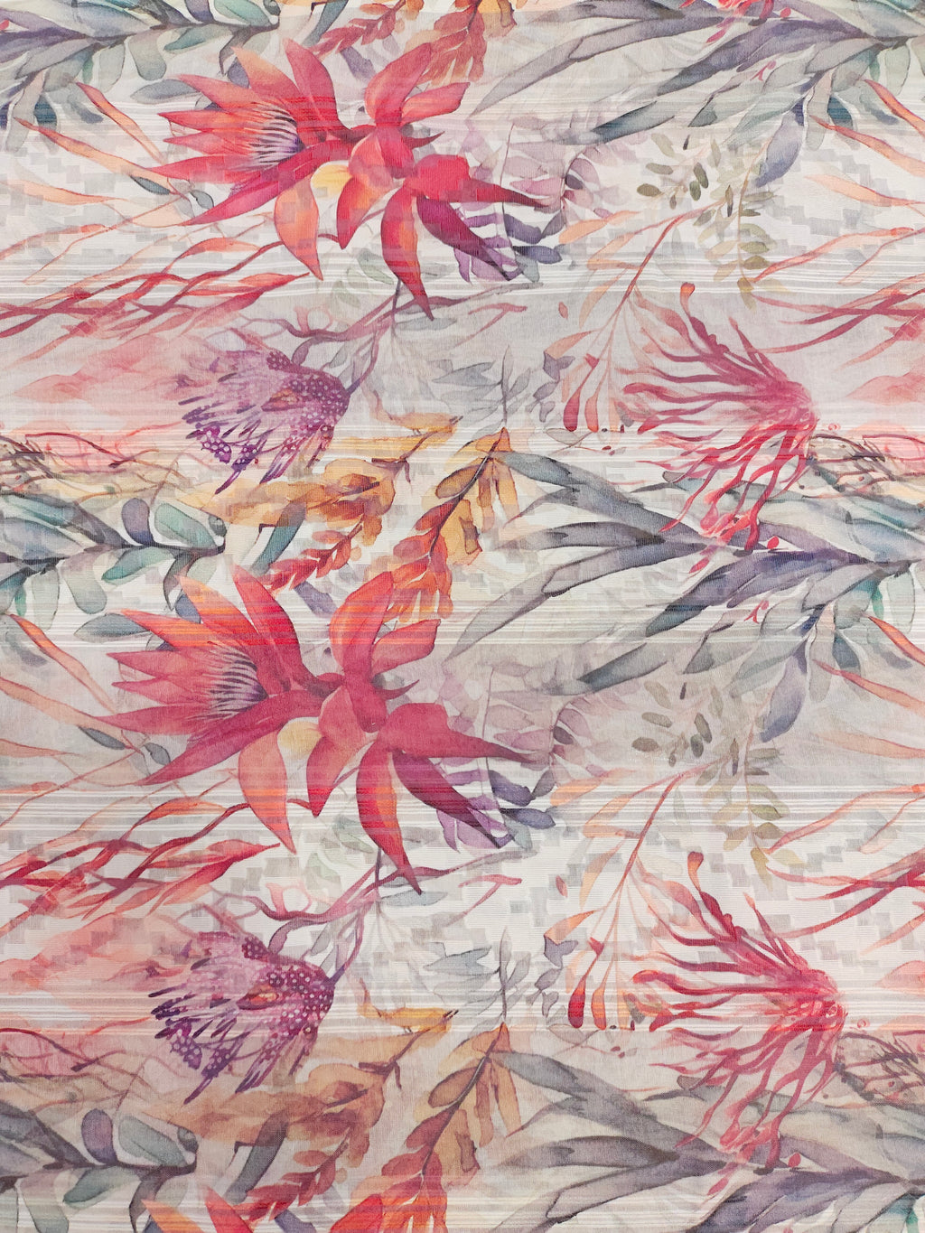 Polycot jacquard digital print with red grey and green.