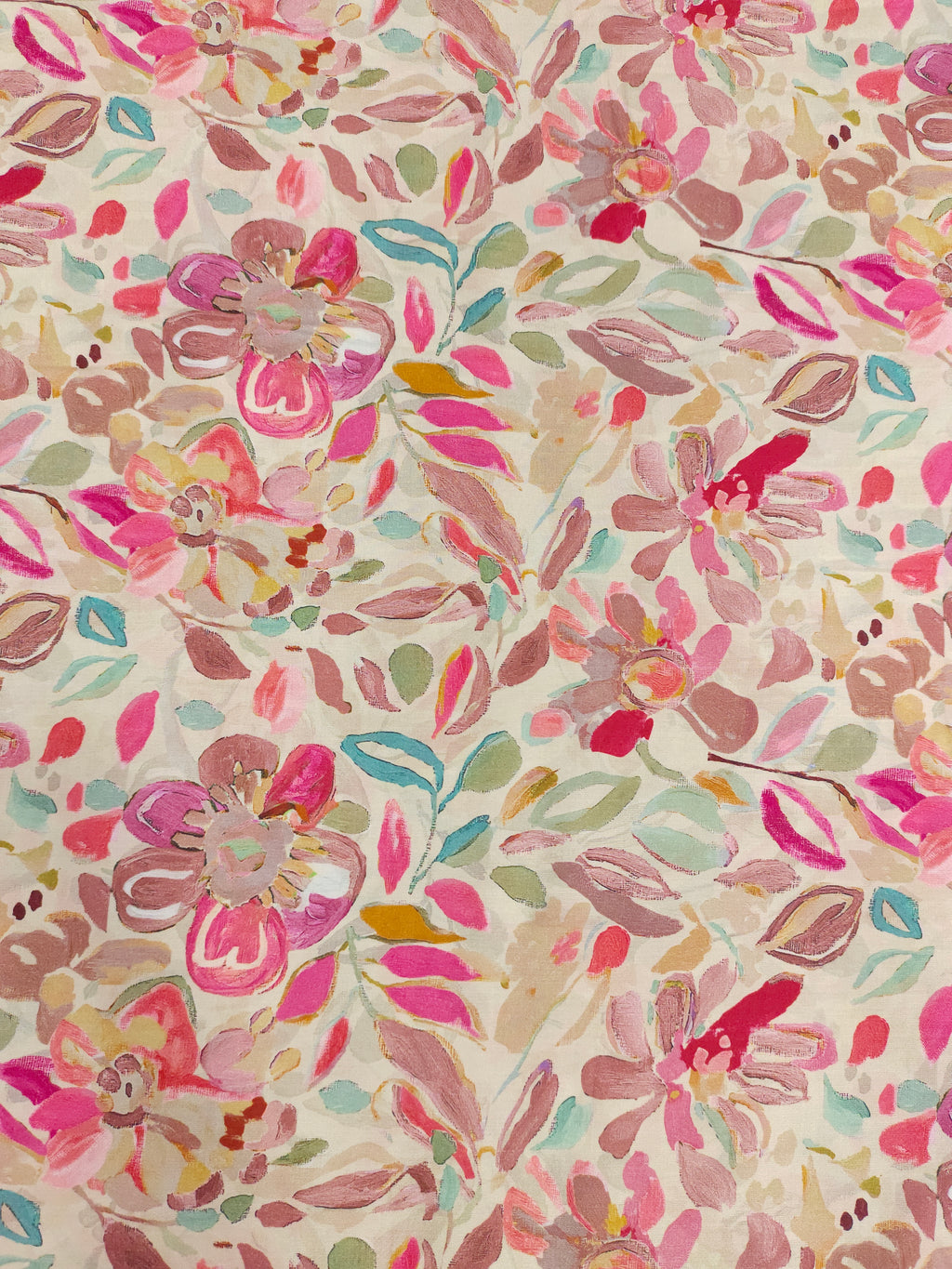 Modal silk digital print with shades of pink and green.