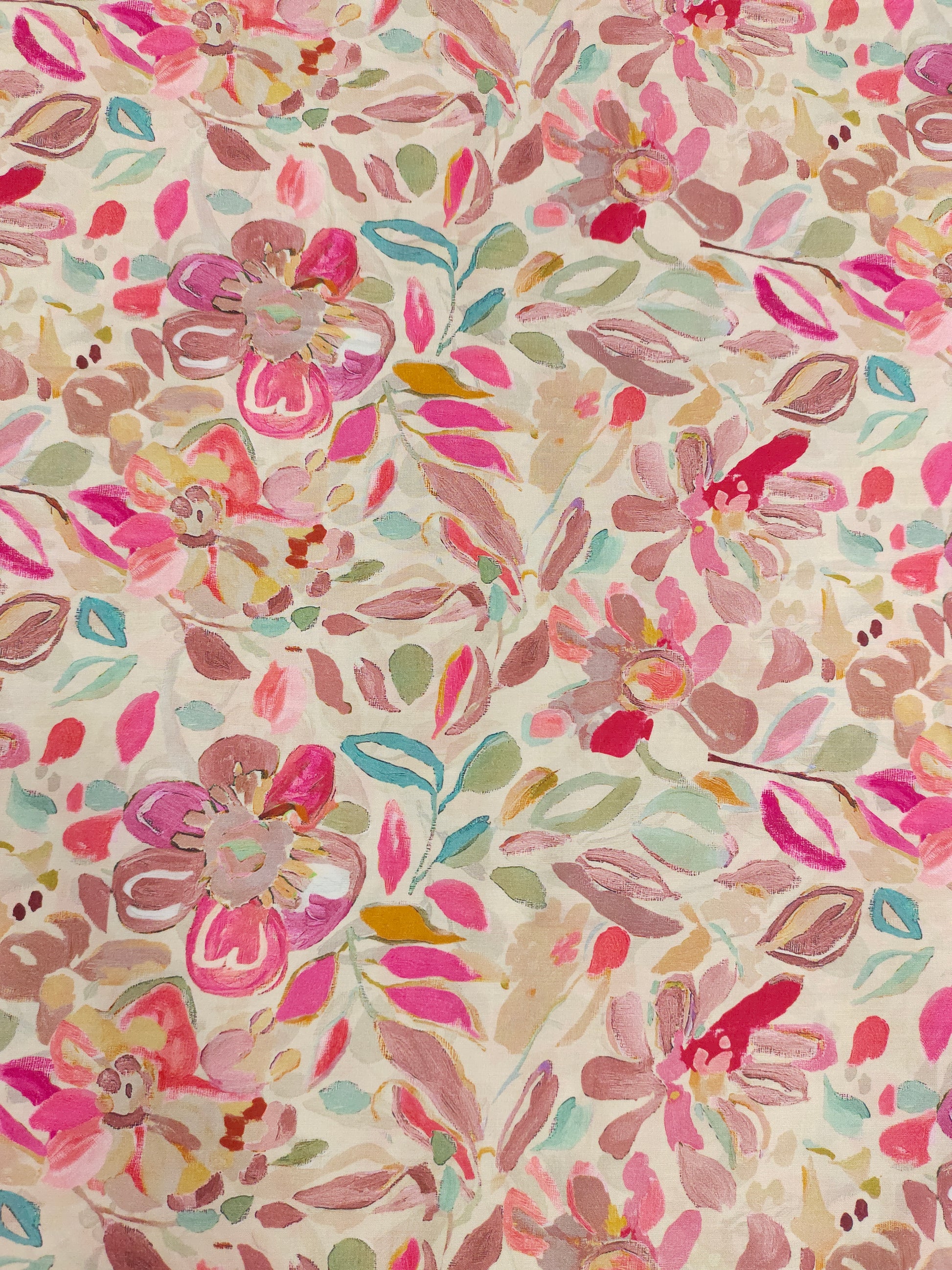 Modal silk digital print with shades of pink and green.
