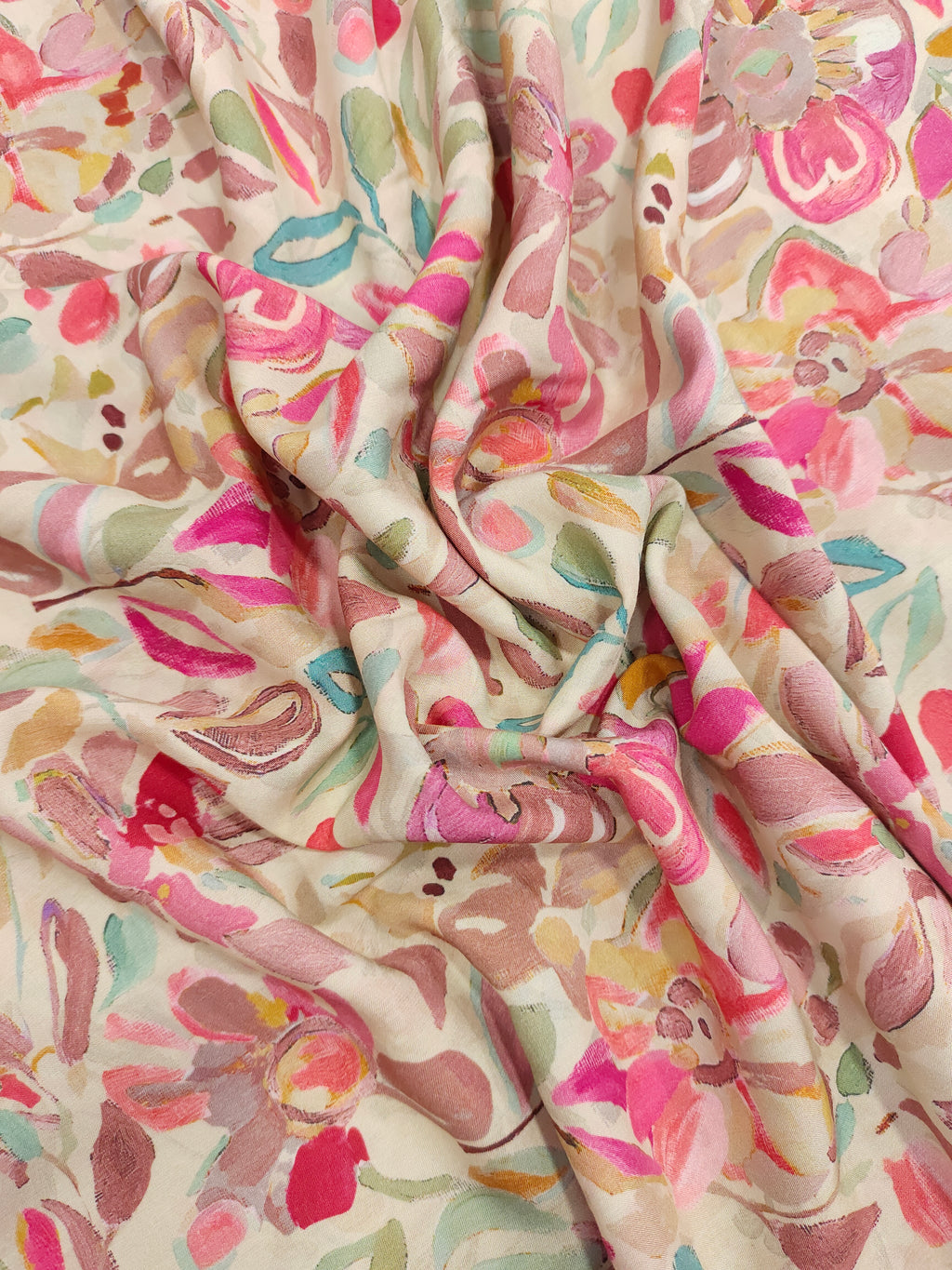 Modal silk digital print with shades of pink and green.