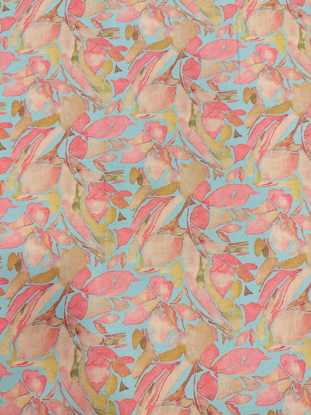 Cotton sea blue base fabric with digital print of tomato and peach color.