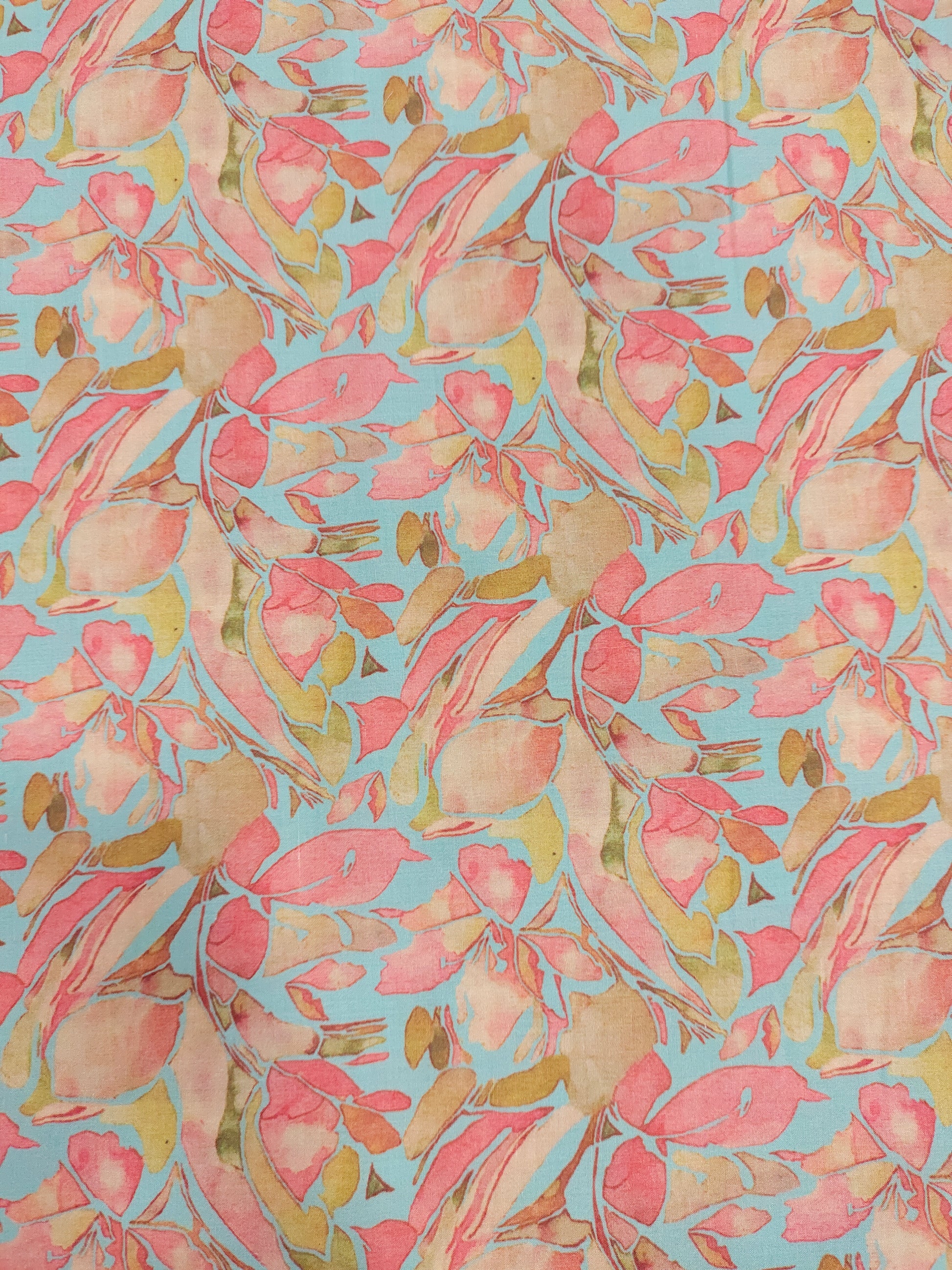 Cotton sea blue base fabric with digital print of tomato and peach color.