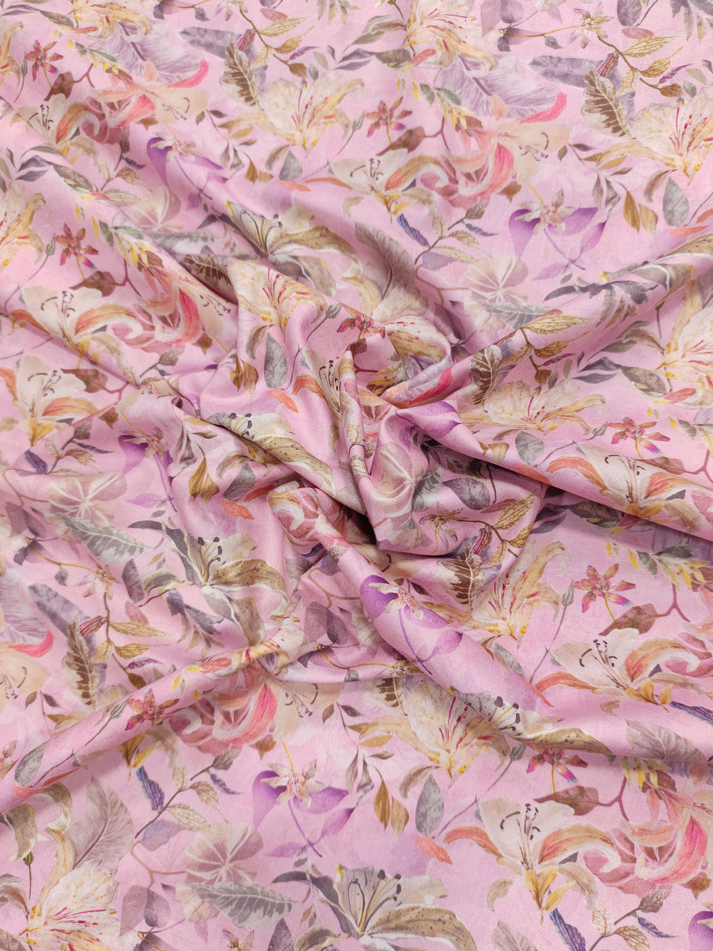 Pink allover digital print with grey beige and peach.