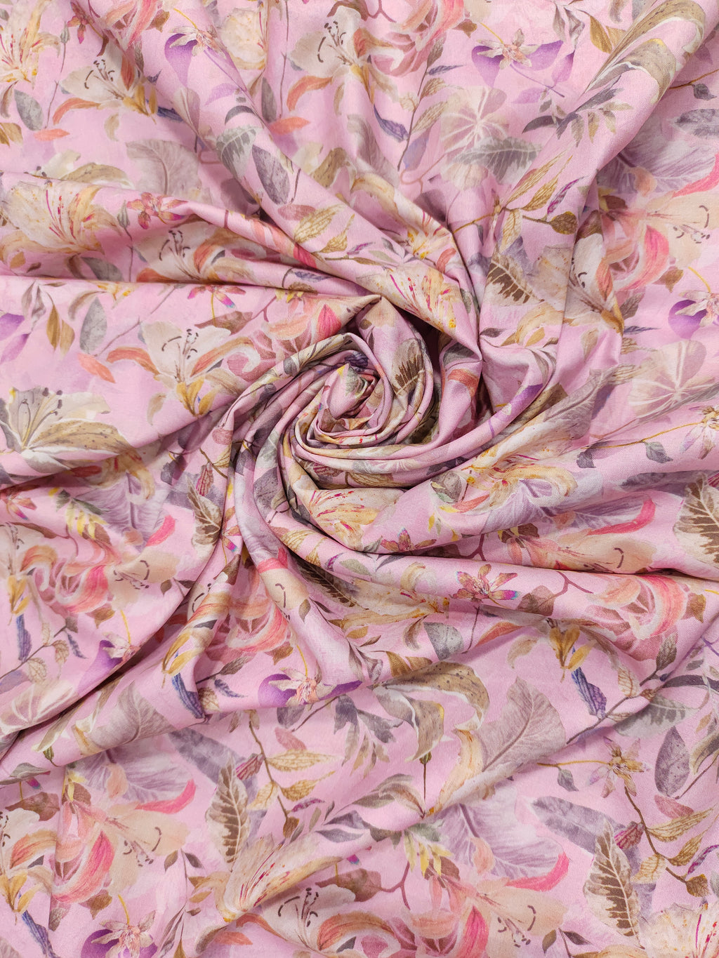 Pink allover digital print with grey beige and peach.